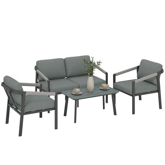 Aluminium Garden Furniture Set, 4 Seater Outdoor Patio Furniture with Loveseat, 2 Armchairs, Slatted Table, Outdoor Furniture Conversation Set with Thick Cushions, Black