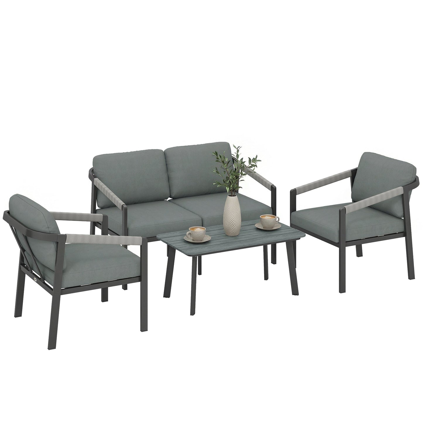 Aluminium Garden Furniture Set, 4 Seater Outdoor Patio Furniture with Loveseat, 2 Armchairs, Slatted Table, Outdoor Furniture Conversation Set with Thick Cushions, Black