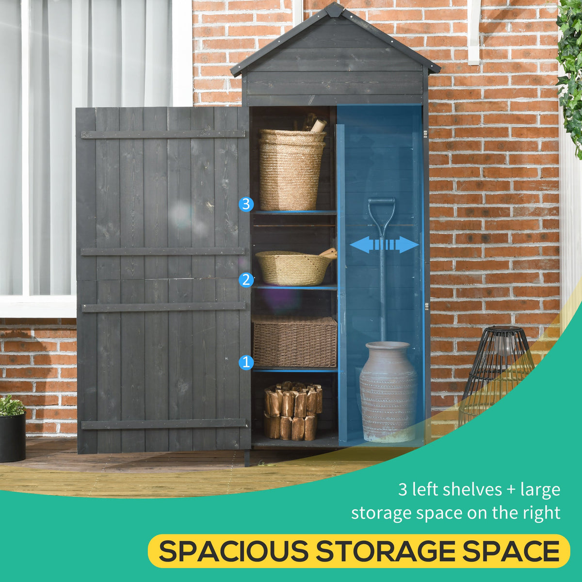 Wooden Outdoor Storage Shed, Compact Utility Outdoor Tool Shed with Lockable Double Doors and Shelves, Grey