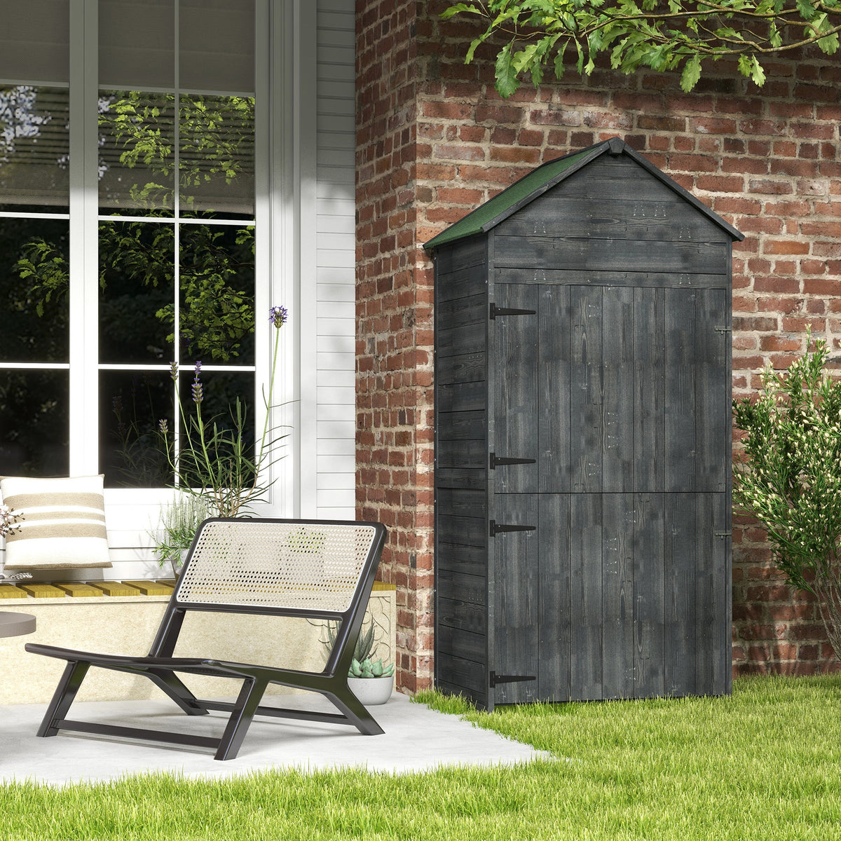 Wooden Outdoor Storage Shed, Compact Utility Outdoor Tool Shed with Lockable Double Doors and Shelves, Grey
