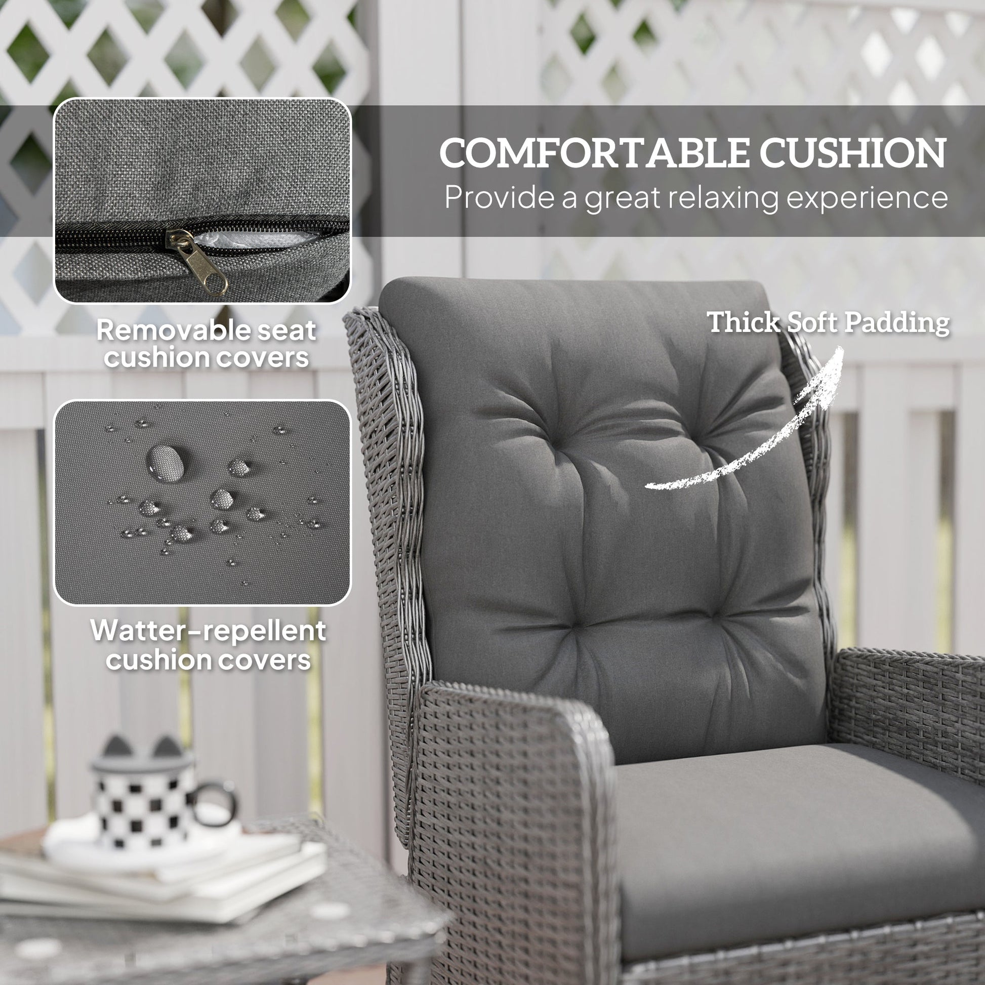 5 Pieces Rattan Bistro Set with Adjustable Back, Reclining Wicker Balcony Furniture with Cushions, Glass Top Coffee Table and Footstools, Outdoor Table and Chairs, Light Grey
