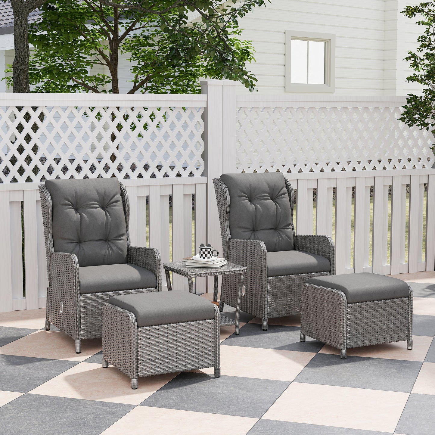 5 Pieces Rattan Bistro Set with Adjustable Back, Reclining Wicker Balcony Furniture with Cushions, Glass Top Coffee Table and Footstools, Outdoor Table and Chairs, Light Grey