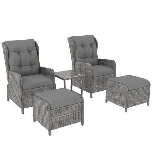 5 Pieces Rattan Bistro Set with Adjustable Back, Reclining Wicker Balcony Furniture with Cushions, Glass Top Coffee Table and Footstools, Outdoor Table and Chairs, Light Grey