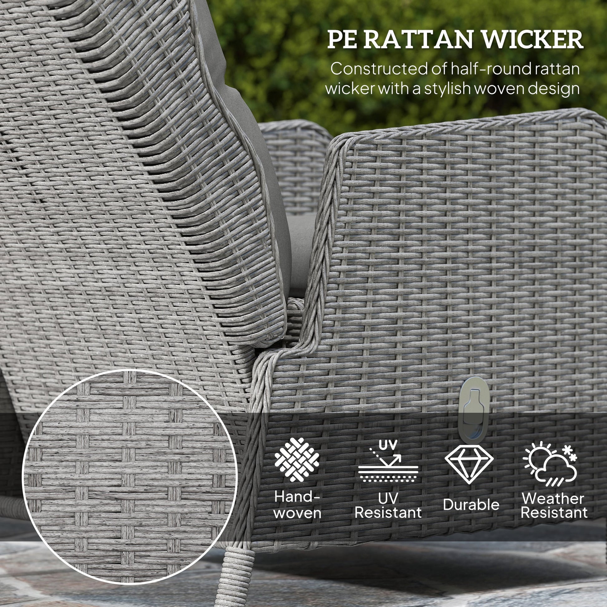 5 Pieces Rattan Bistro Set with Adjustable Back, Reclining Wicker Balcony Furniture with Cushions, Glass Top Coffee Table and Footstools, Outdoor Table and Chairs, Light Grey
