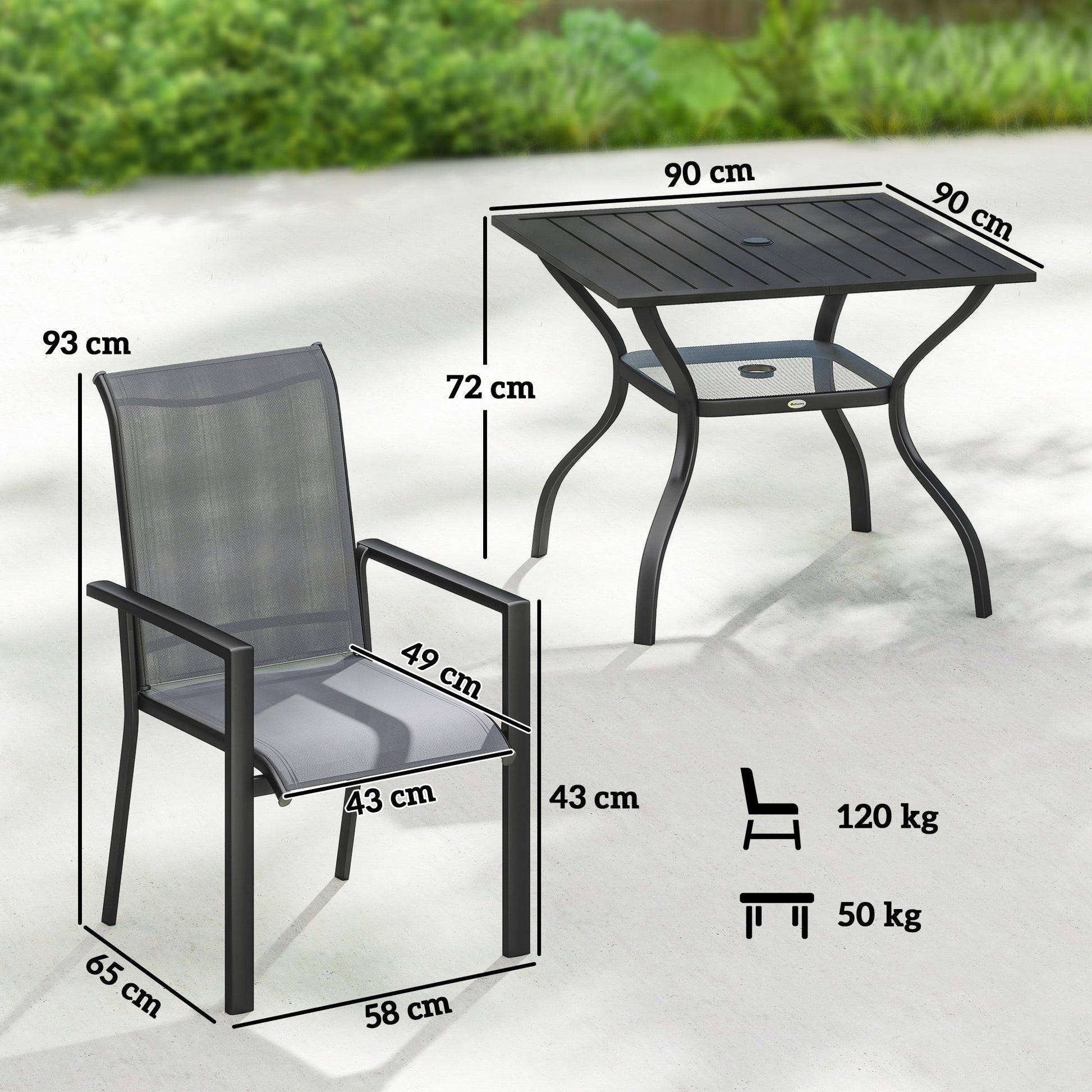 5 Pieces Garden Dining Set for 4, Patio Table and Stackable Chairs with Breathable Mesh Seat and Parasol Hole, Garden Furniture Set with Steel Frame for Garden, Dark Grey