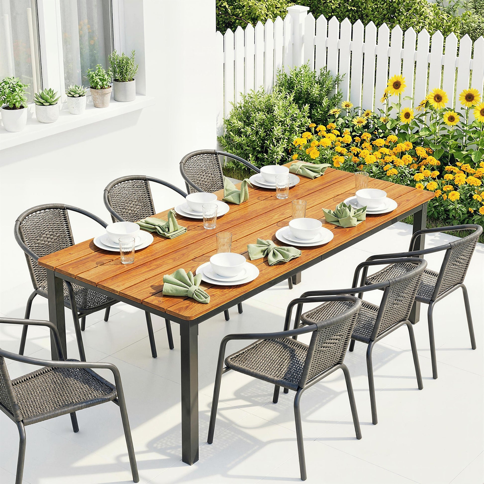 Garden Dining Table for 6-8 Person, 180 x 86 cm Rectangular Outdoor Dining Table with Wood Slatted Top and Steel Frame, All Weather Patio Furniture for Balcony, Porch, Teak