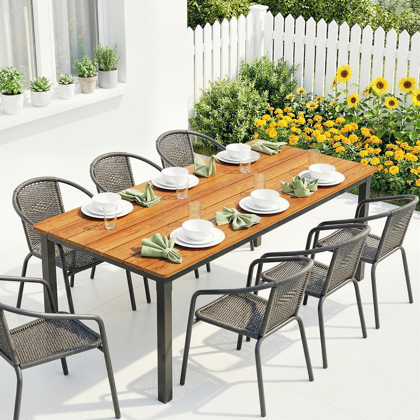 Garden Dining Table for 6-8 Person, 180 x 86 cm Rectangular Outdoor Dining Table with Wood Slatted Top and Steel Frame, All Weather Patio Furniture for Balcony, Porch, Teak