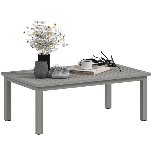 Aluminium Outdoor Coffee Table, Rectangular Patio Side Table with Wood Grain Effect and Slat Tabletop for Indoor, Garden, Balcony, 100cm x 60cm, Grey