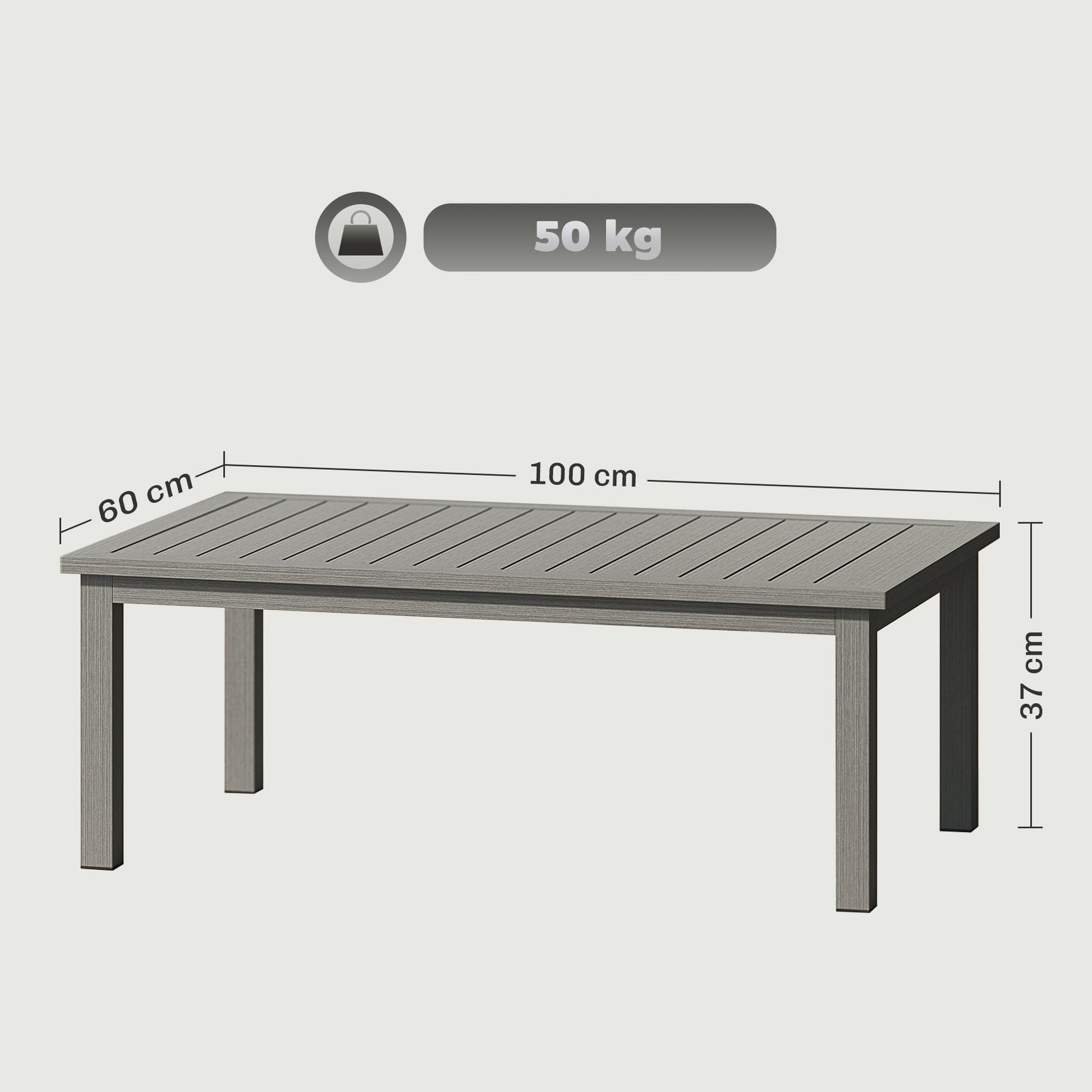 Aluminium Outdoor Coffee Table, Rectangular Patio Side Table with Wood Grain Effect and Slat Tabletop for Indoor, Garden, Balcony, 100cm x 60cm, Grey