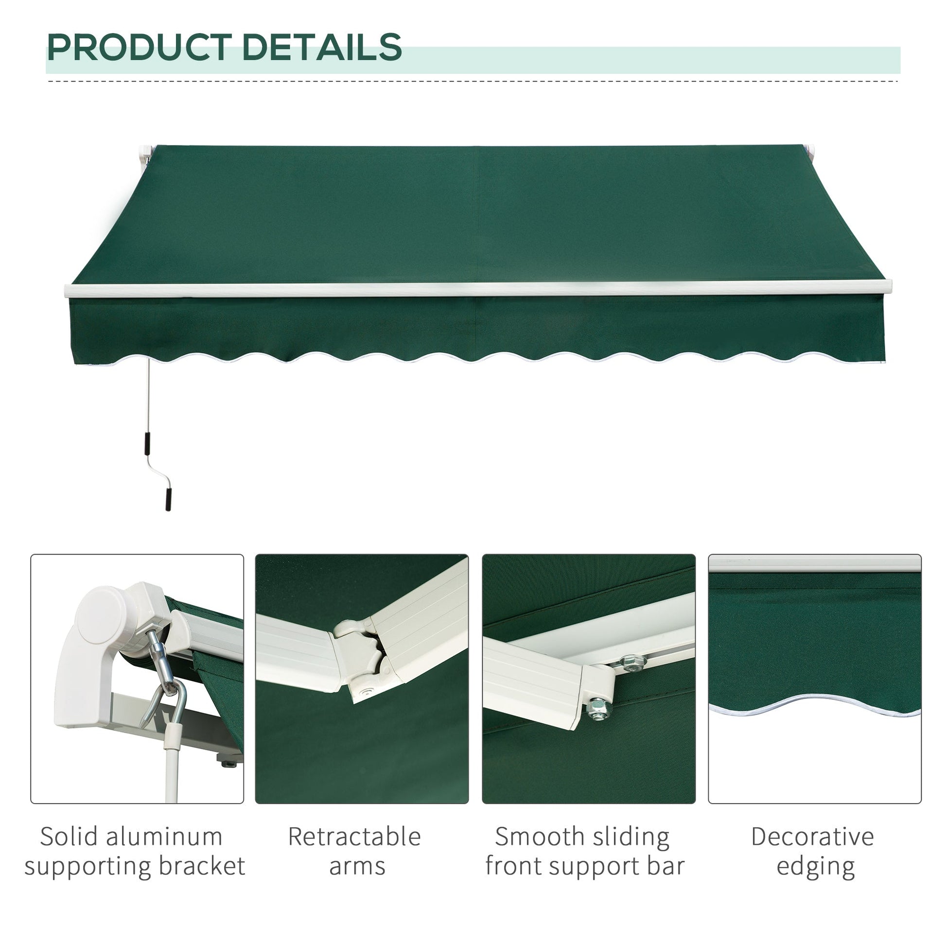 3 x 2m Manual Window Awning Canopy Garden Outdoor Shelter Patio Sun Shade UV Blocker Light Weight Aluminium Frame w/ Hand Crank Green
