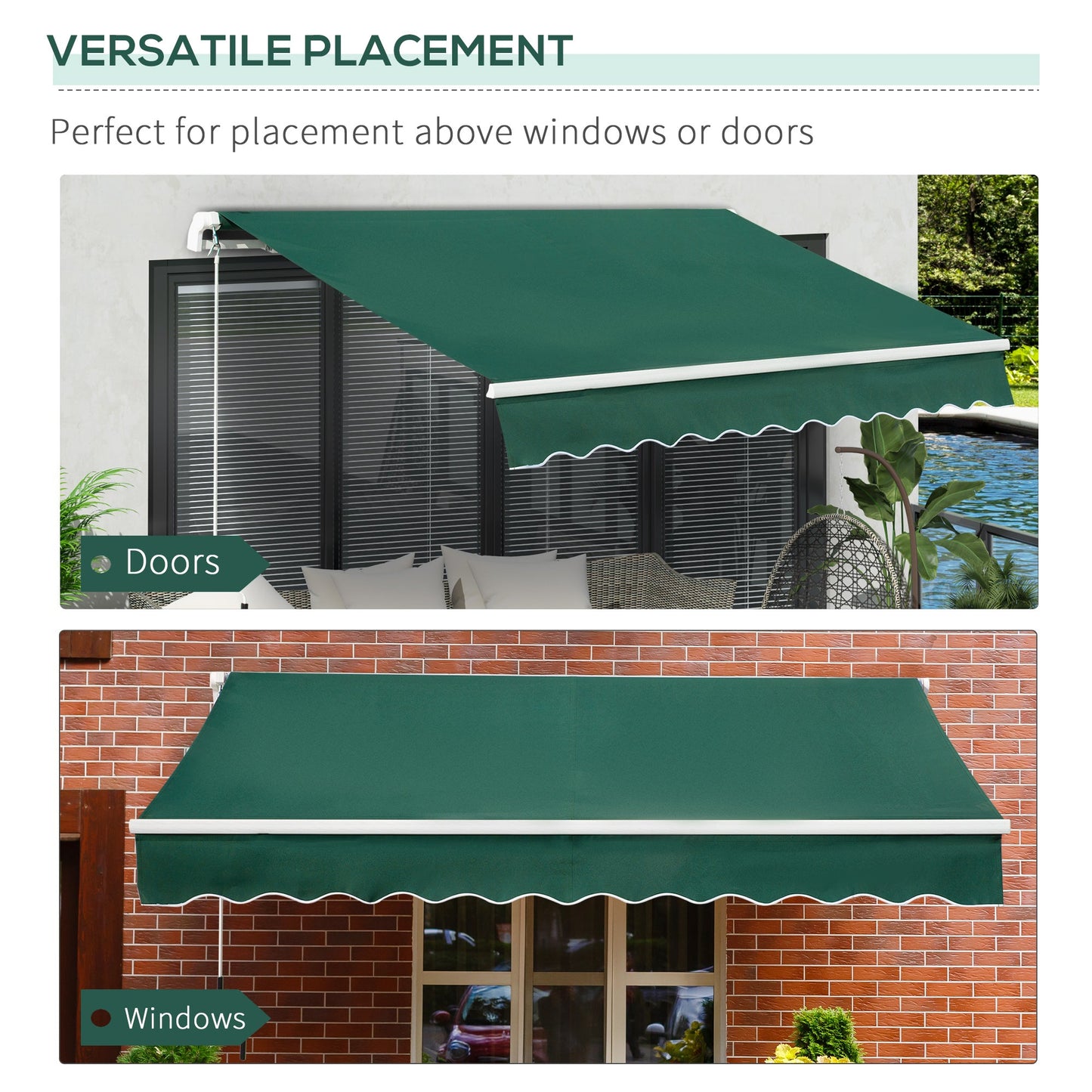 3 x 2m Manual Window Awning Canopy Garden Outdoor Shelter Patio Sun Shade UV Blocker Light Weight Aluminium Frame w/ Hand Crank Green