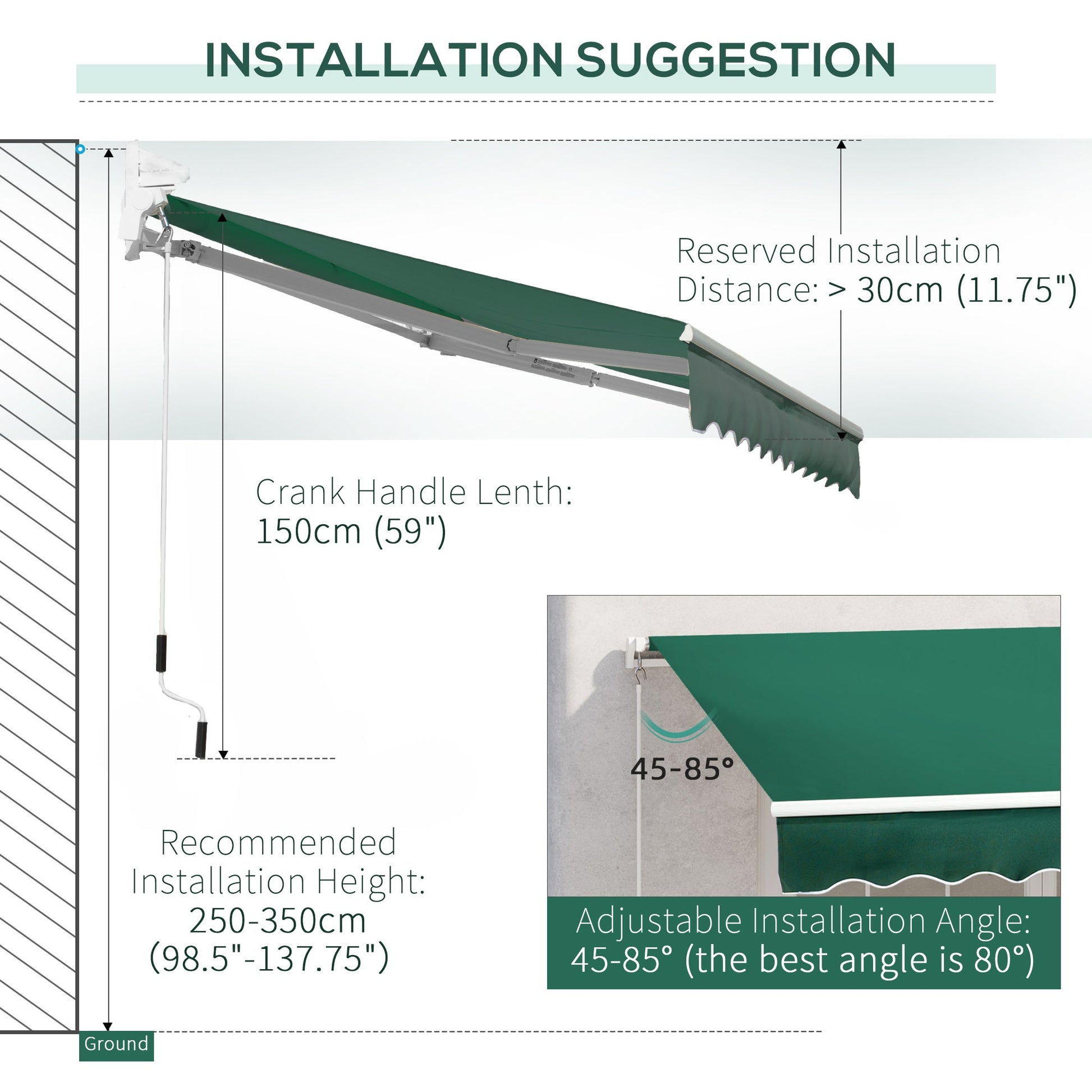 3 x 2m Manual Window Awning Canopy Garden Outdoor Shelter Patio Sun Shade UV Blocker Light Weight Aluminium Frame w/ Hand Crank Green