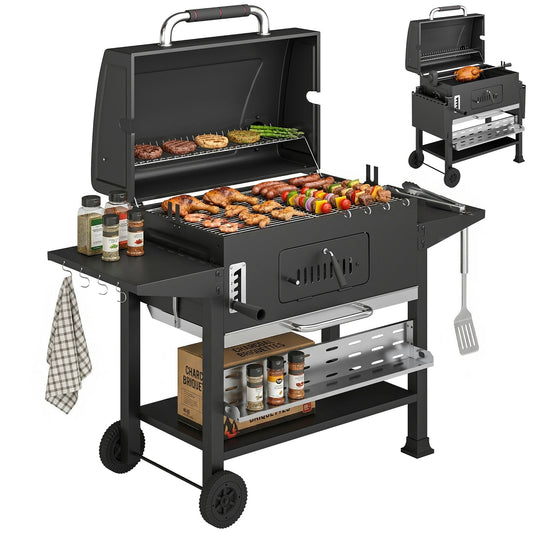 Charcoal BBQ Grill Smoker with Electric Rotisserie Kit, Portable Barbecue Grill with Warming Rack, Foldable Side Tables, Spice Rack, Hooks, Thermometer, Wheels for Outdoor Cooking, Black