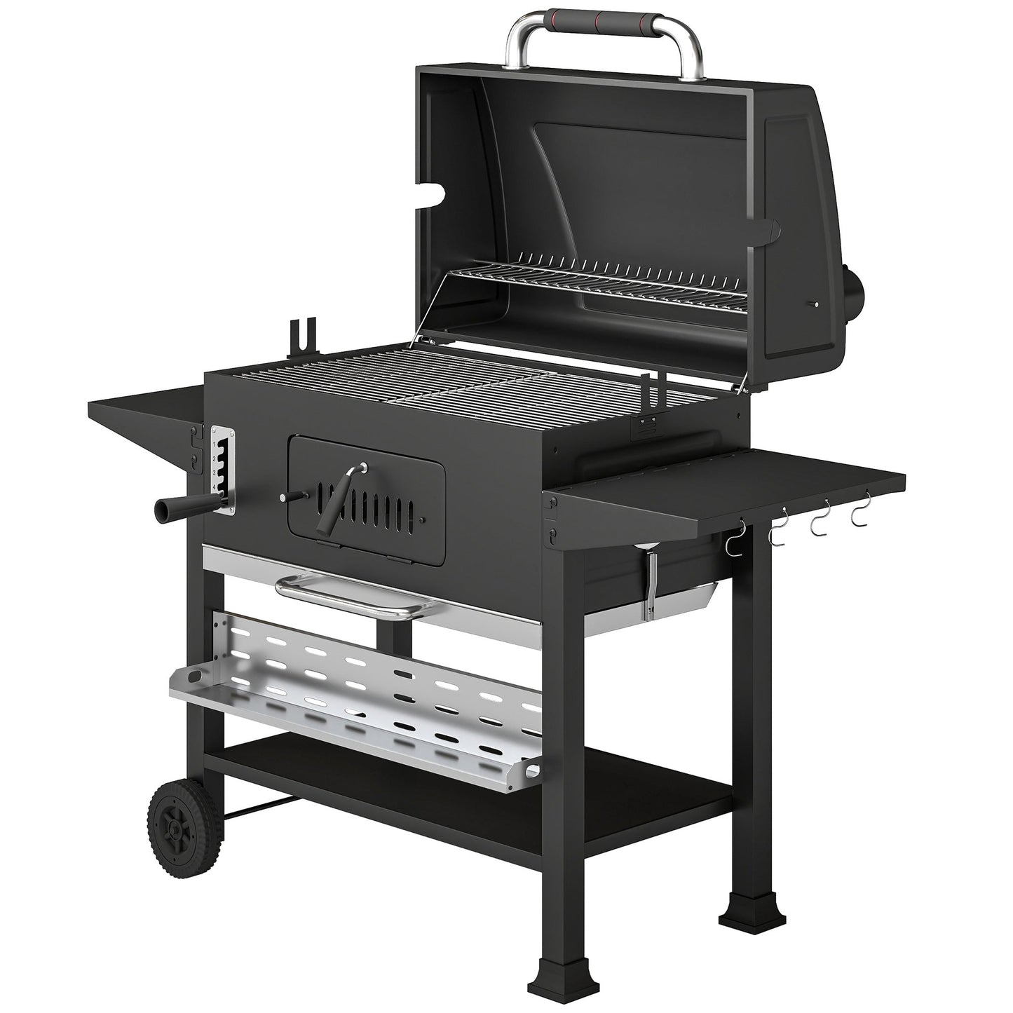 Charcoal BBQ Grill Smoker with Electric Rotisserie Kit, Portable Barbecue Grill with Warming Rack, Foldable Side Tables, Spice Rack, Hooks, Thermometer, Wheels for Outdoor Cooking, Black