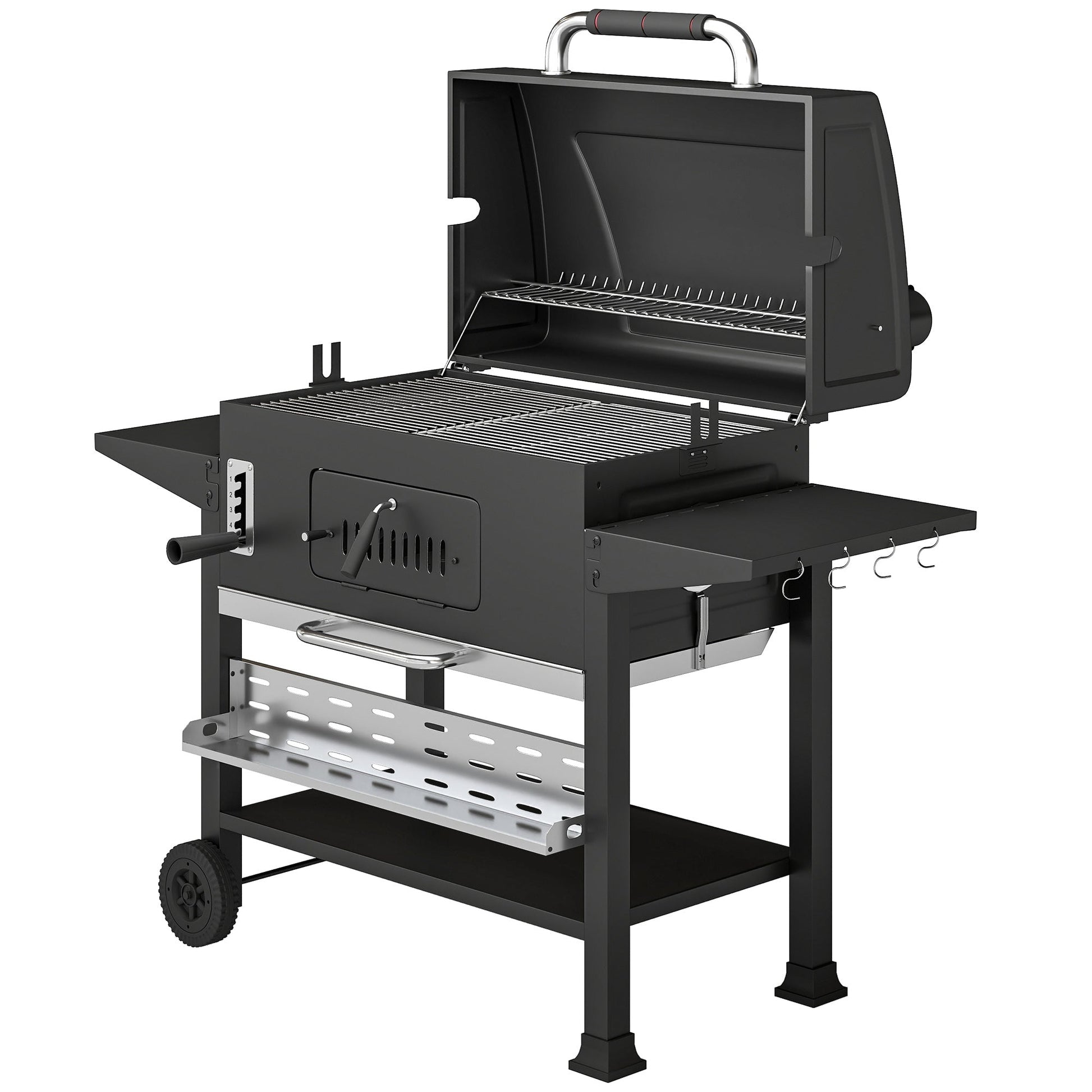 Charcoal BBQ Grill Smoker with Electric Rotisserie Kit, Portable Barbecue Grill with Warming Rack, Foldable Side Tables, Spice Rack, Hooks, Thermometer, Wheels for Outdoor Cooking, Black