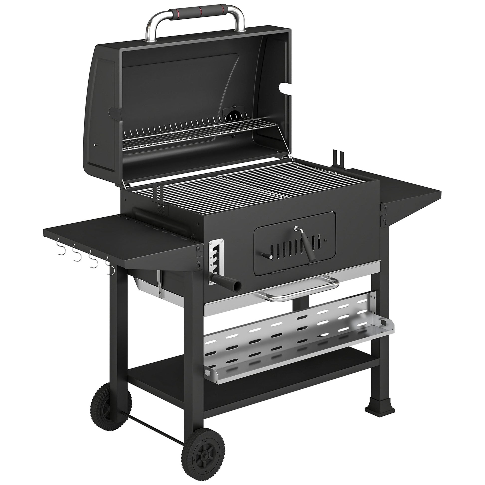 Charcoal BBQ Grill Smoker with Electric Rotisserie Kit, Portable Barbecue Grill with Warming Rack, Foldable Side Tables, Spice Rack, Hooks, Thermometer, Wheels for Outdoor Cooking, Black