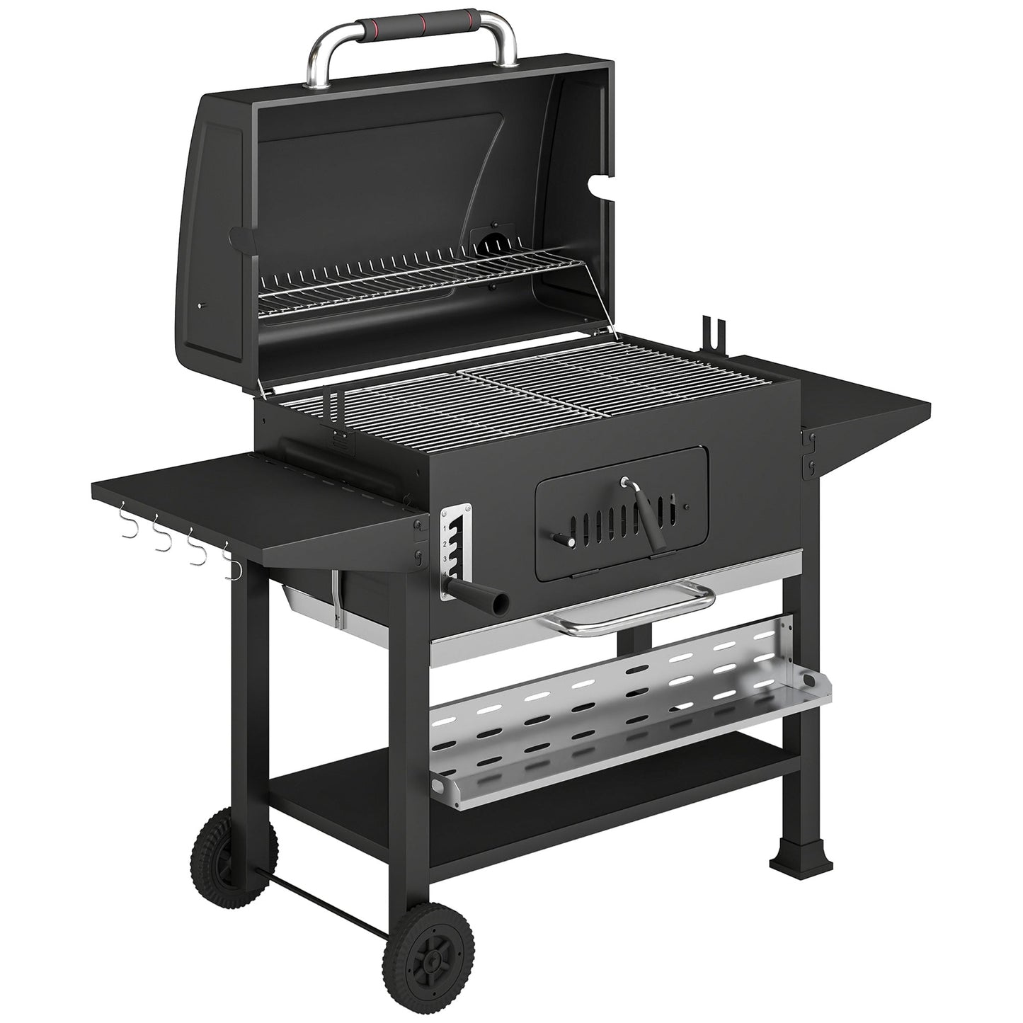 Charcoal BBQ Grill Smoker with Electric Rotisserie Kit, Portable Barbecue Grill with Warming Rack, Foldable Side Tables, Spice Rack, Hooks, Thermometer, Wheels for Outdoor Cooking, Black