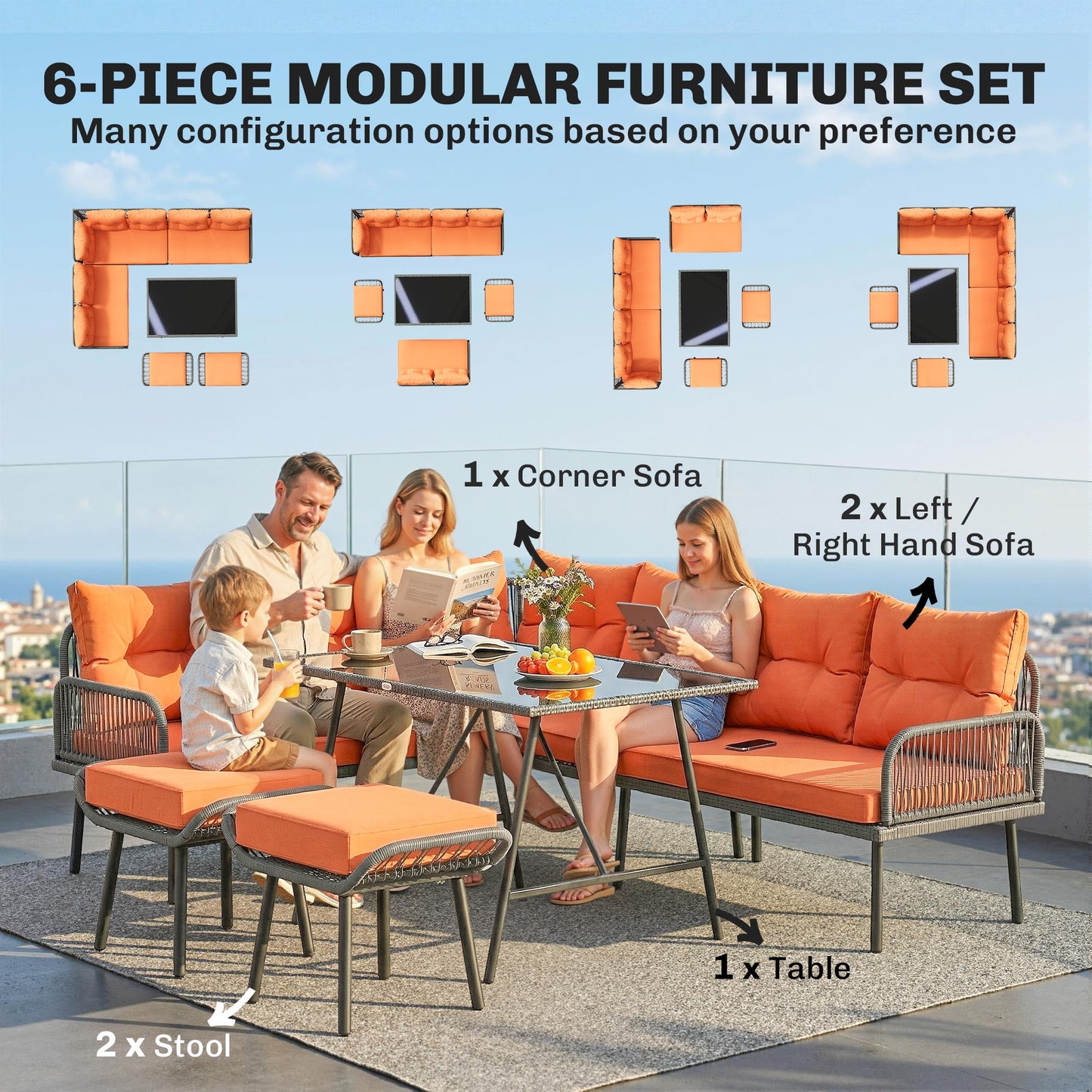 6 Piece Rattan Garden Furniture Set, 8 Seater Garden Corner Sofa with Cushions and Glass Top Table, Sectional Outdoor Furniture Conservatory Set for Patio, Orange