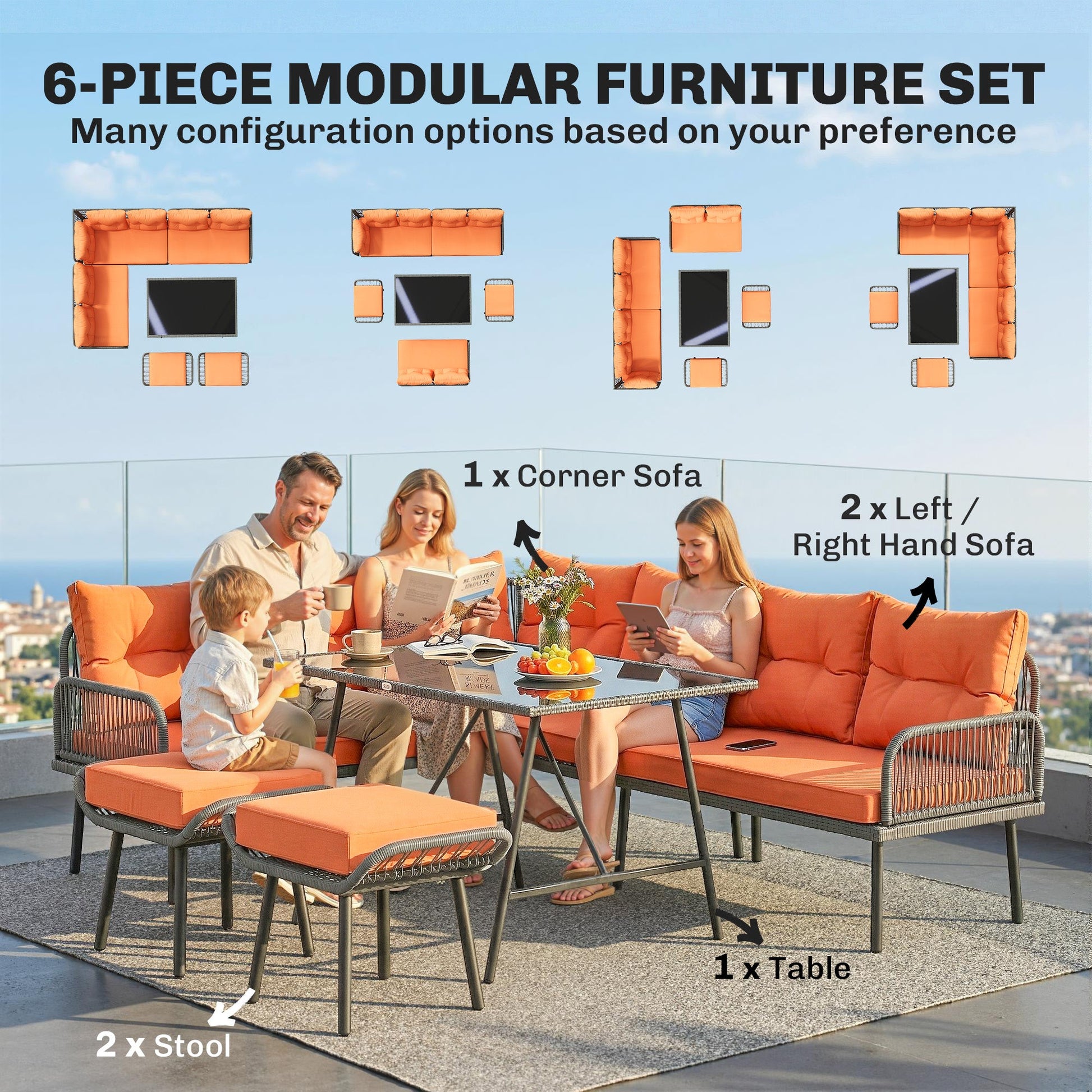 6 Piece Rattan Garden Furniture Set, 8 Seater Garden Corner Sofa with Cushions and Glass Top Table, Sectional Outdoor Furniture Conservatory Set for Patio, Orange