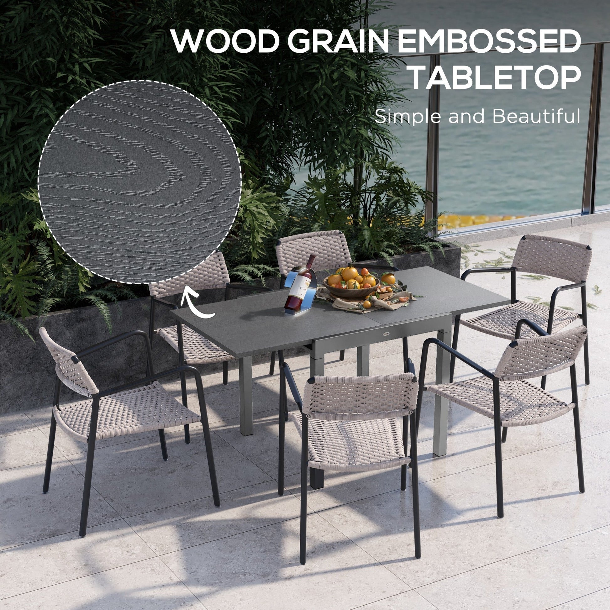 Garden Table, Extendable Outdoor Dining Table for 6 with Aluminium Frame, Steel Tabletop, Rectangle Patio Table for Balcony, Deck, Dark Grey with Wood-effect