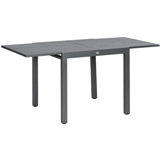 Garden Table, Extendable Outdoor Dining Table for 6 with Aluminium Frame, Steel Tabletop, Rectangle Patio Table for Balcony, Deck, Dark Grey with Wood-effect