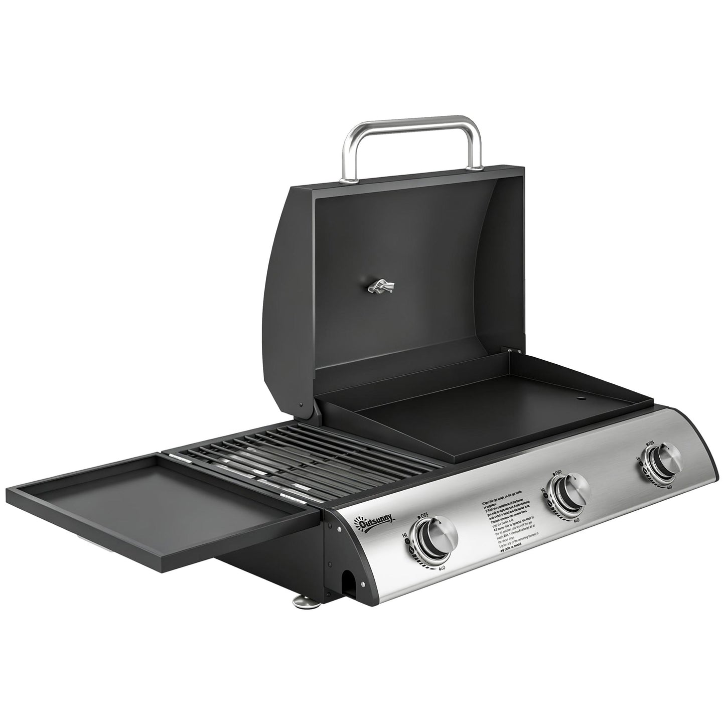 3 Burner Portable Gas Plancha BBQ Grill, 8.1 kW Outdoor Tabletop Gas Barbecue Grill with Griddle, Convertible Side Shelf, Built-in Thermometer, Lid, Adjustable Foot Pads for Camping, Black