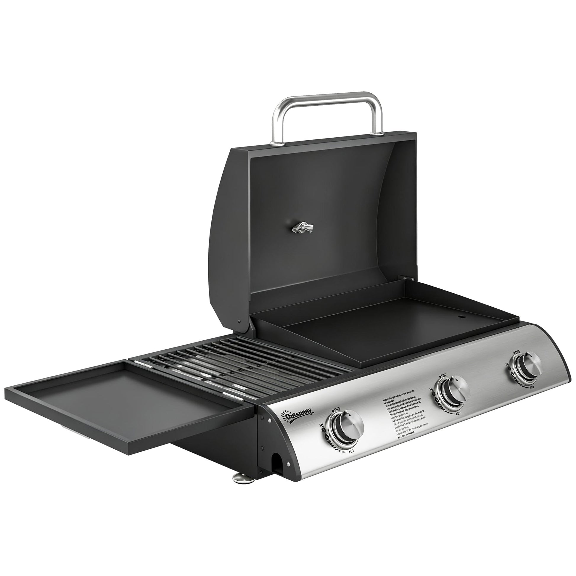 3 Burner Portable Gas Plancha BBQ Grill, 8.1 kW Outdoor Tabletop Gas Barbecue Grill with Griddle, Convertible Side Shelf, Built-in Thermometer, Lid, Adjustable Foot Pads for Camping, Black