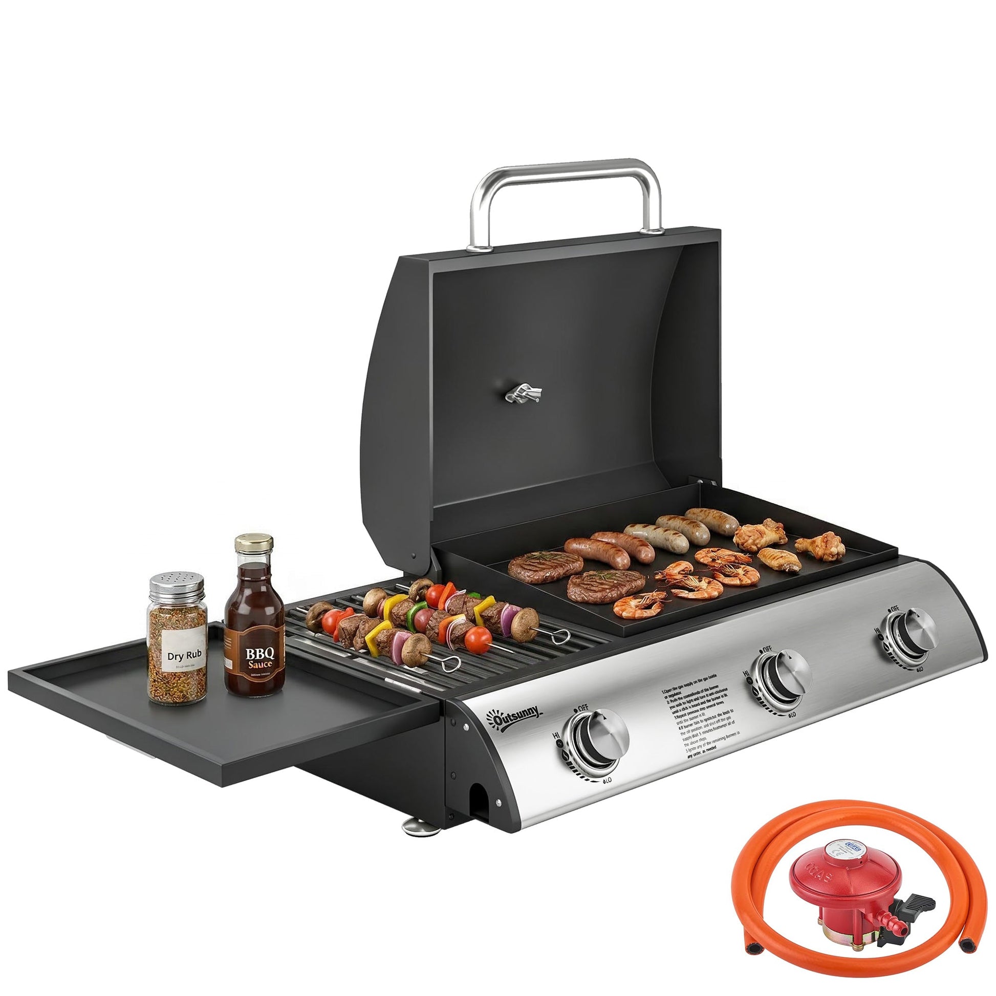 3 Burner Portable Gas Plancha BBQ Grill, 8.1 kW Outdoor Tabletop Gas Barbecue Grill with Griddle, Convertible Side Shelf, Built-in Thermometer, Lid, Adjustable Foot Pads for Camping, Black