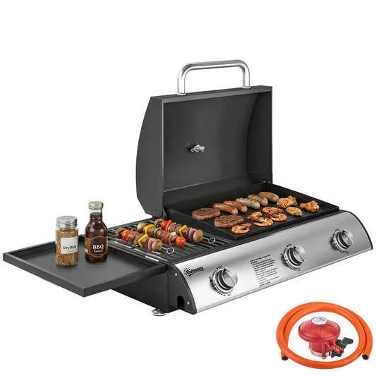 3 Burner Portable Gas Plancha BBQ Grill, 8.1 kW Outdoor Tabletop Gas Barbecue Grill with Griddle, Convertible Side Shelf, Built-in Thermometer, Lid, Adjustable Foot Pads for Camping, Black