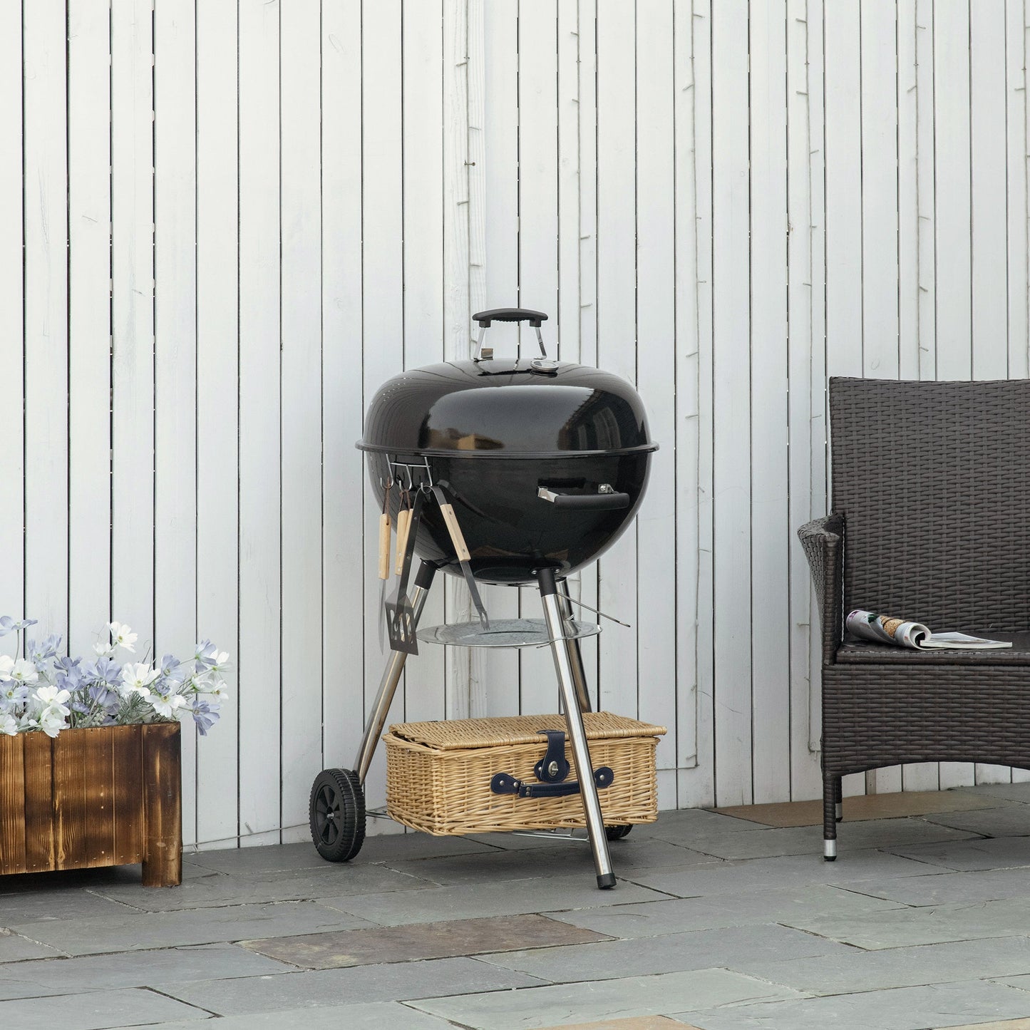 Portable Kettle Charcoal Grill BBQ Smoker with Cover, Outdoor Round Barbecue with Lid, Thermometer, Turner, Knife, Clip, Storage Shelf, & Wheels for Party Patio Garden