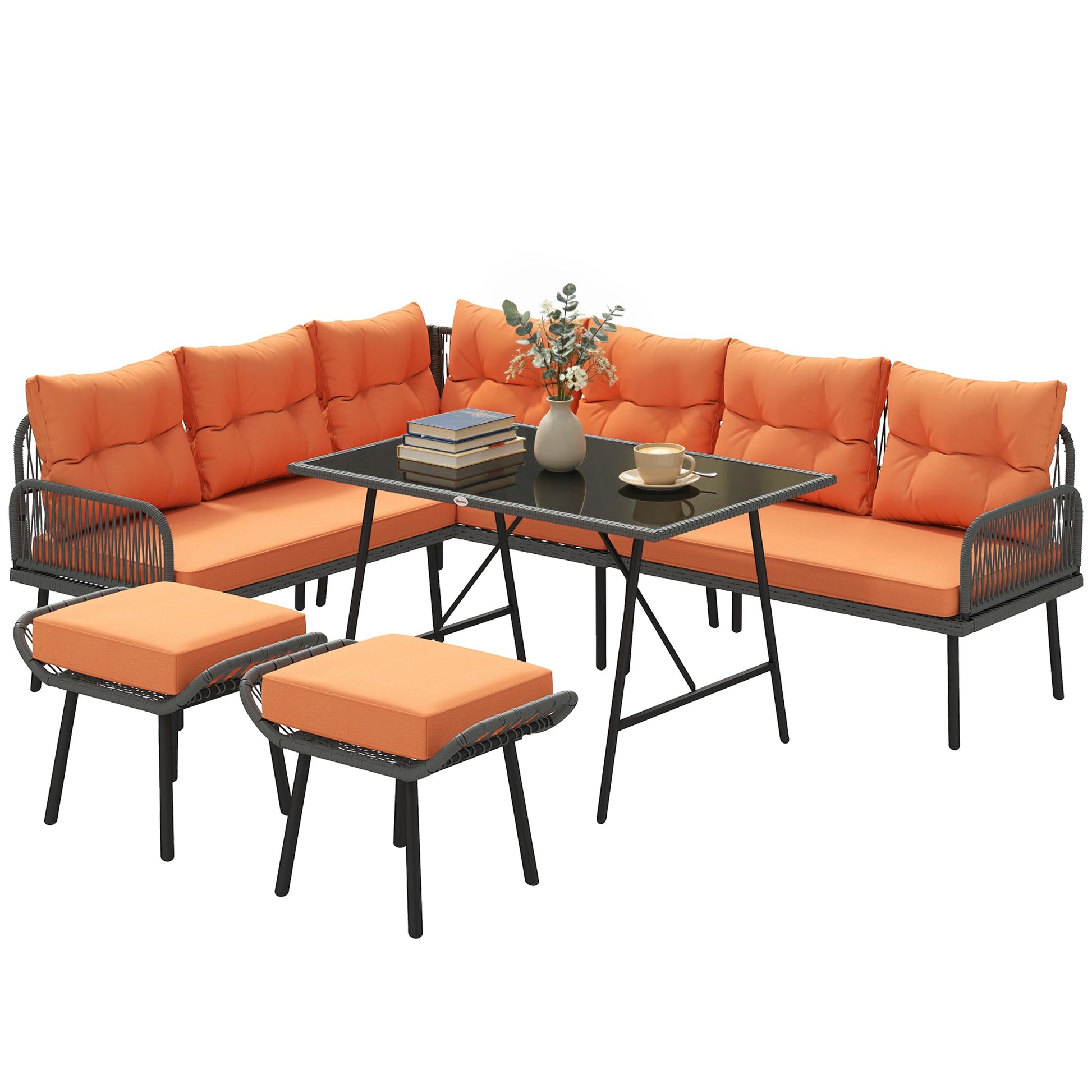 6 Piece Rattan Garden Furniture Set, 8 Seater Garden Corner Sofa with Cushions and Glass Top Table, Sectional Outdoor Furniture Conservatory Set for Patio, Orange