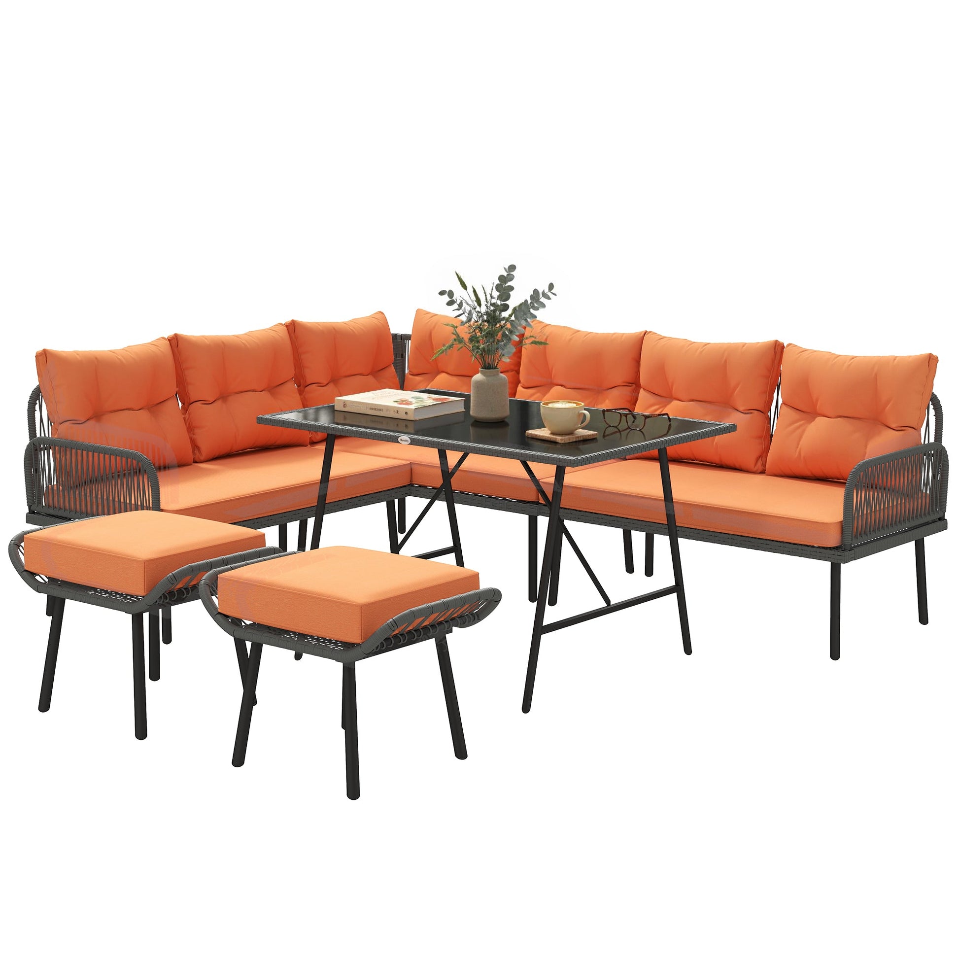 6 Piece Rattan Garden Furniture Set, 8 Seater Garden Corner Sofa with Cushions and Glass Top Table, Sectional Outdoor Furniture Conservatory Set for Patio, Orange
