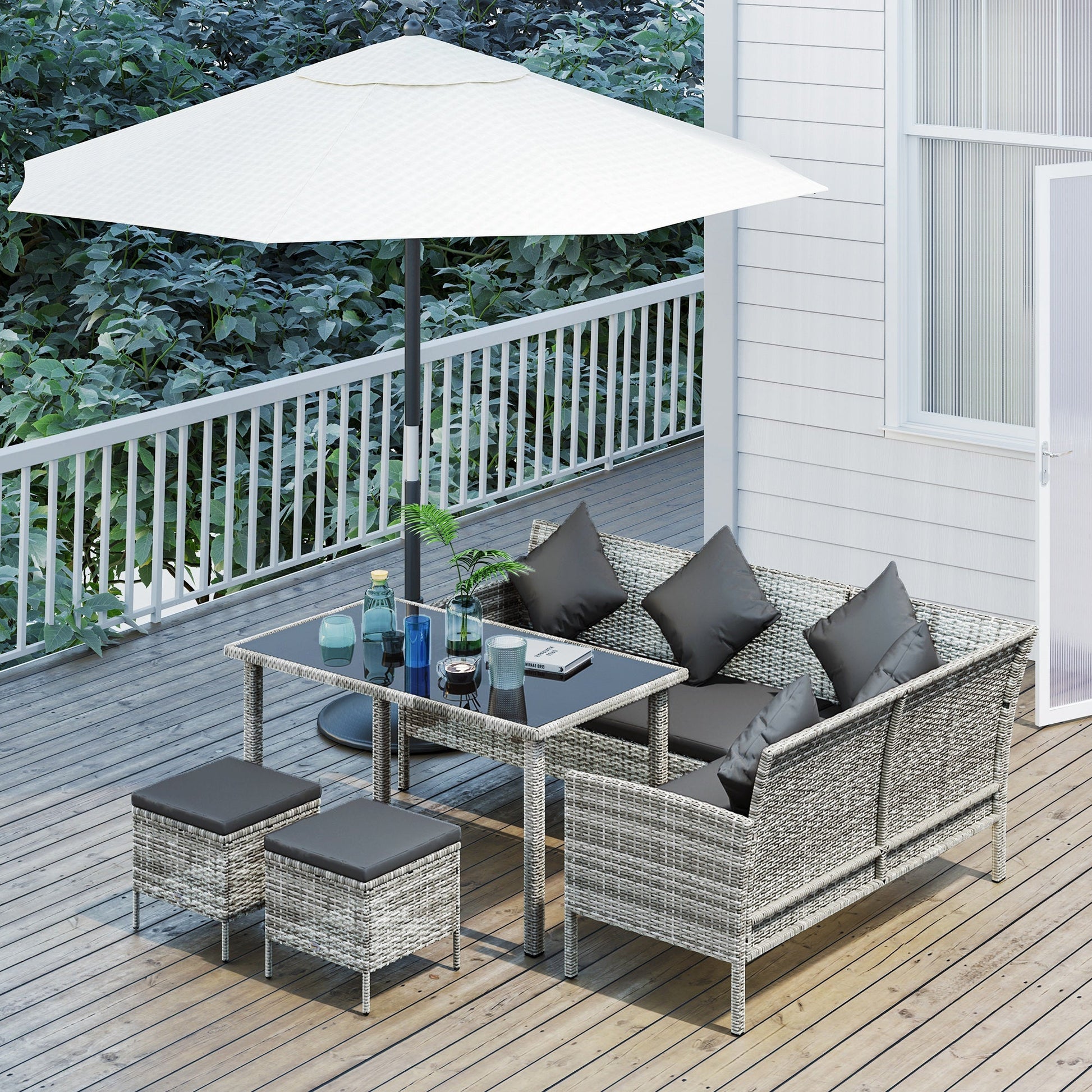 5 Pieces Rattan Garden Furniture Set, 6 Seater Wicker Dining Set, Corner Garden Sofa Outdoor Furniture Set with Glass Top Table, Footstool and Cushions for Patio, Dark Grey