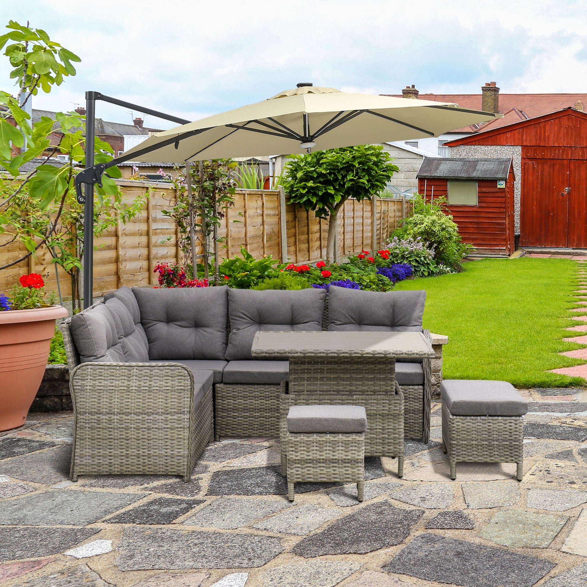 6 Pieces Outdoor PE Rattan Garden Furniture, Patio Wicker Sectional Conversation Corner Sofa w/ Soft Padded Cushion & Liftable Coffee Table, Grey