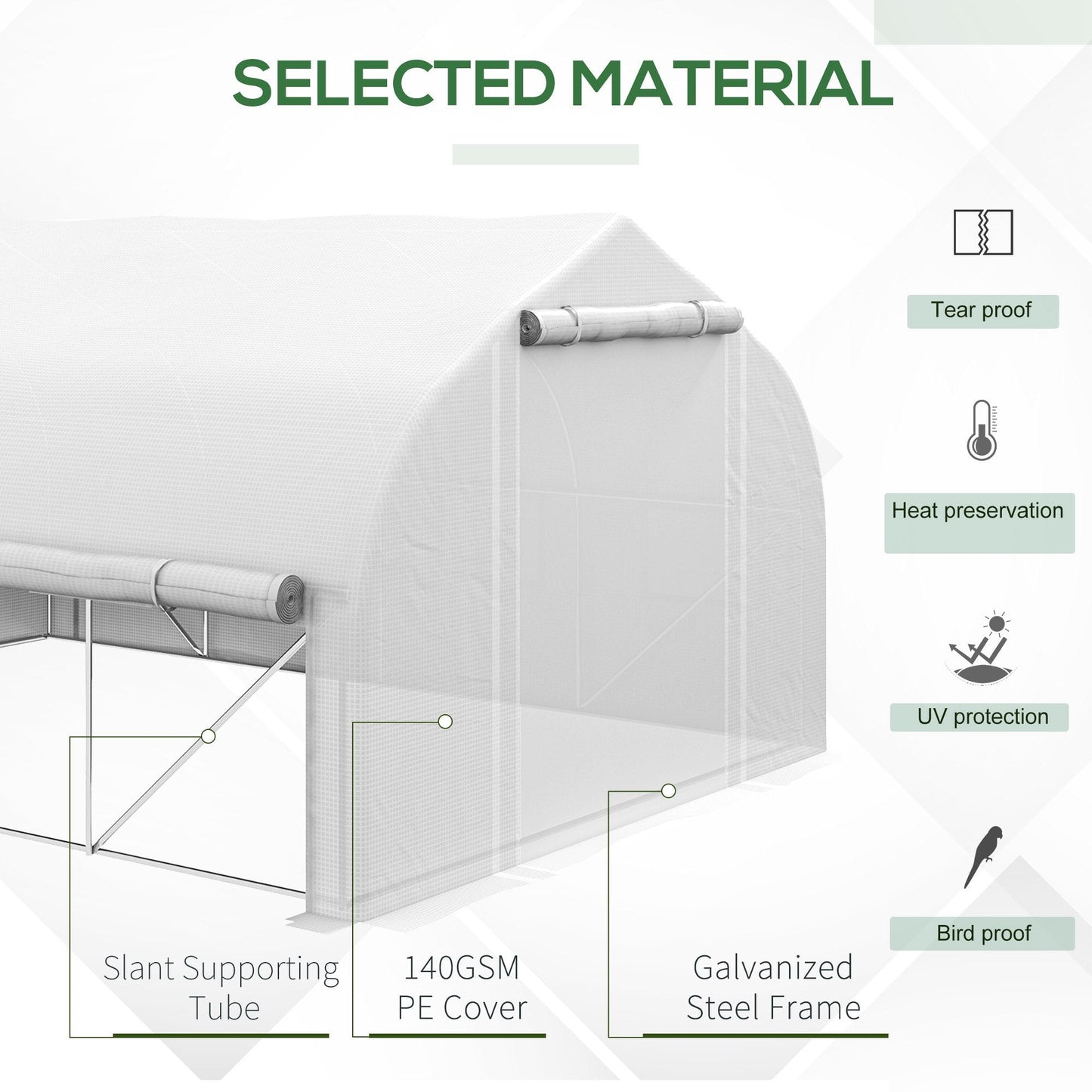 4 x 3(m) Walk-in Polytunnel Greenhouse, Zipped Roll Up Sidewalls, Mesh Door, 8 Mesh Windows, Tunnel Warm House Tent with PE Cover, Complimentary Plant Labels and Gloves, White