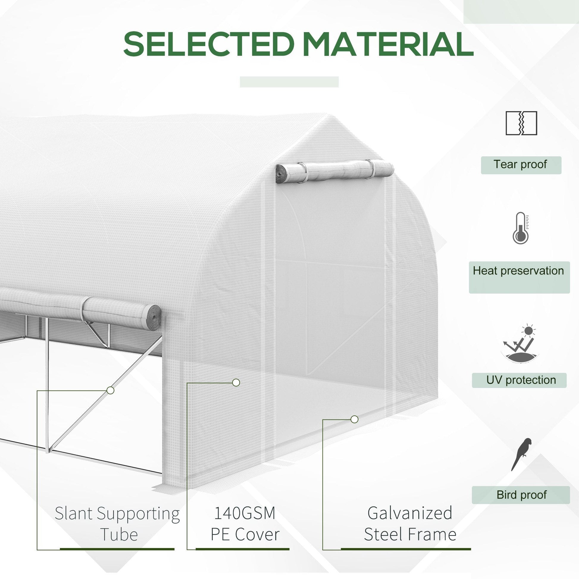 4 x 3(m) Walk-in Polytunnel Greenhouse, Zipped Roll Up Sidewalls, Mesh Door, 8 Mesh Windows, Tunnel Warm House Tent with PE Cover, Complimentary Plant Labels and Gloves, White