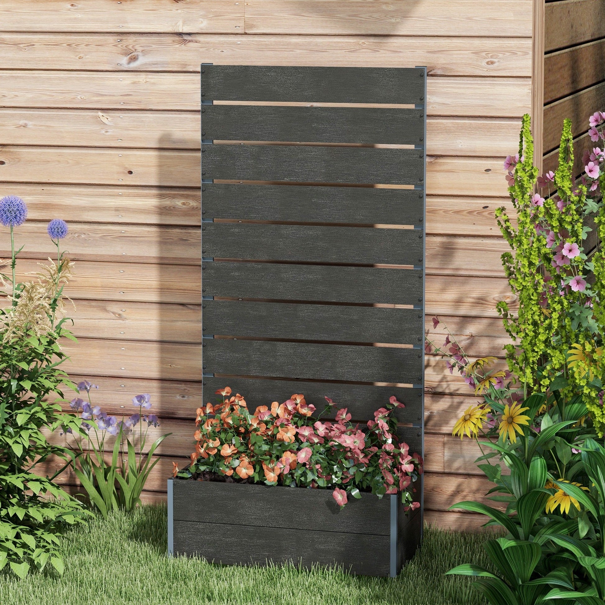 Garden Planter with Trellis for Climbing Plants, Vines, Flowers, Freestanding Raised Bed for Garden, Outdoor, Patio, Planter Box with Drainage Gap, 72x38x150cm, Black