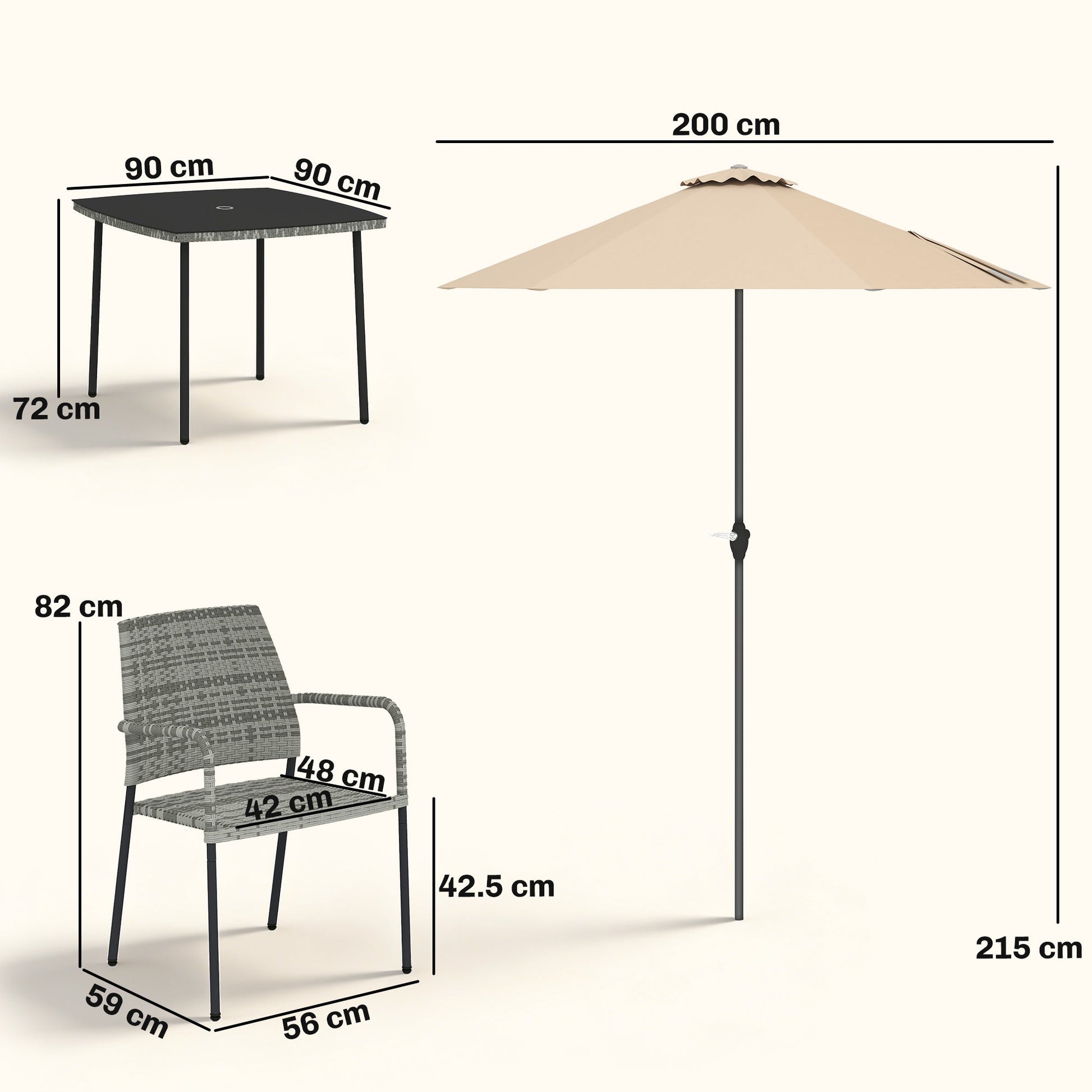 4 Seater Rattan Dining Set with Parasol, 6 Piece Garden Table and Stackable Chairs with Tempered Glass Tabletop, All-Weather Outdoor Rattan Furniture Set for Patio, Light Grey