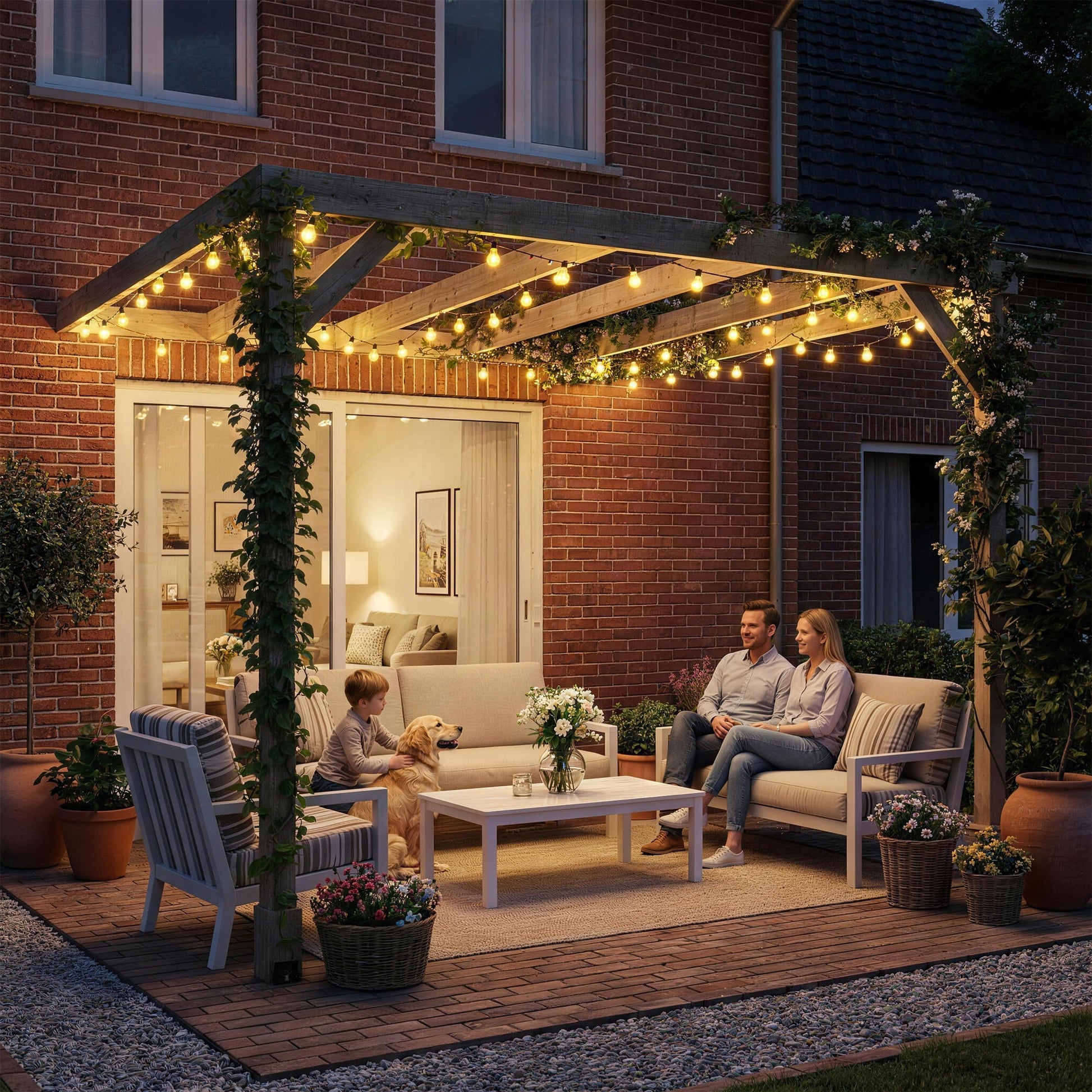 2.4 x 2.4m Lean-To Wooden Pergola Kit, Decorative Garden Gazebo with Stable Structure and Concrete Anchors, Grape Trellis for Climbing Vines, Flowers, Garden Patio, Light Brown