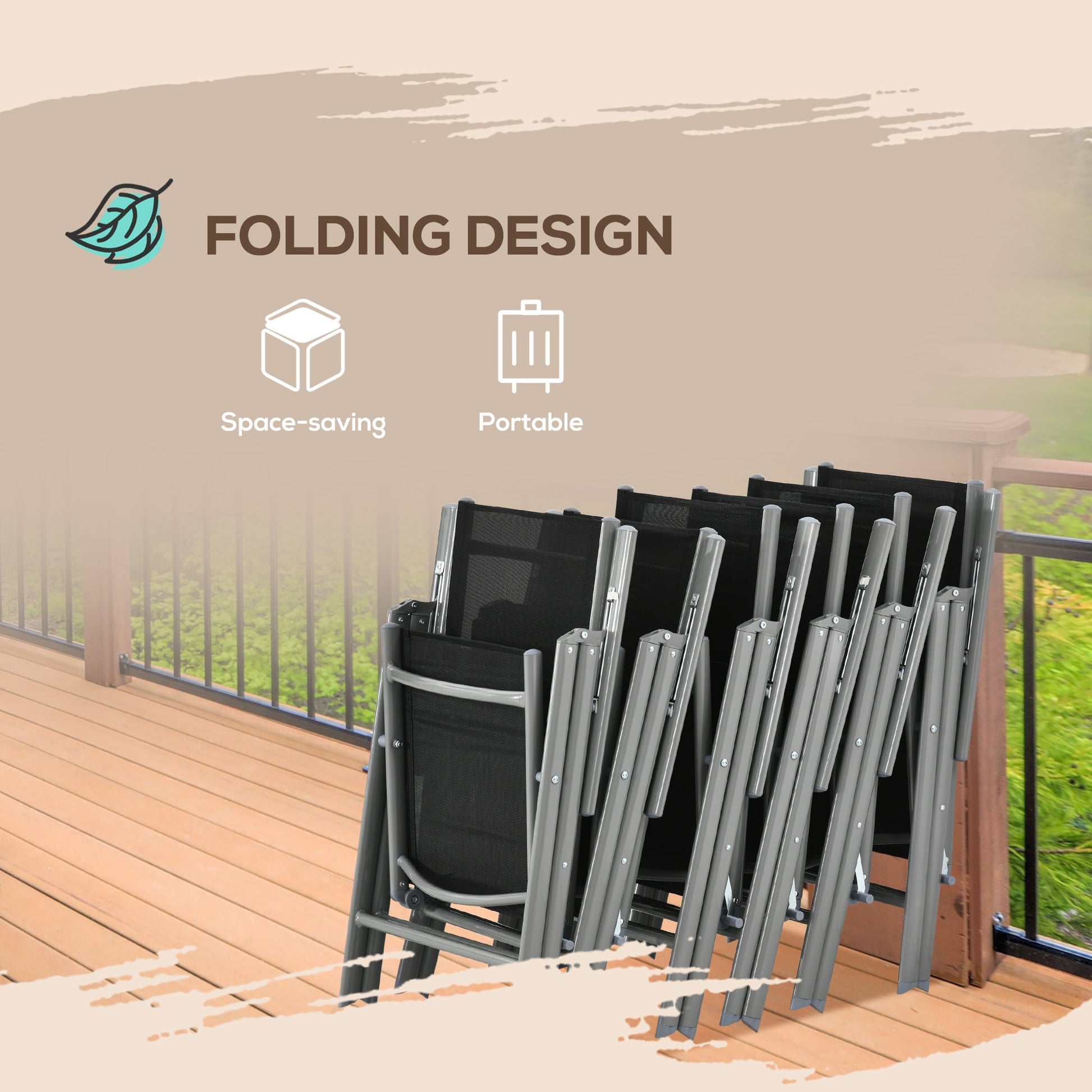 7 Piece Garden Dining Set, Outdoor Table and 6 Folding and Reclining Chairs, Aluminium Frame, Tempered Glass Top Table, Texteline Seats, Black