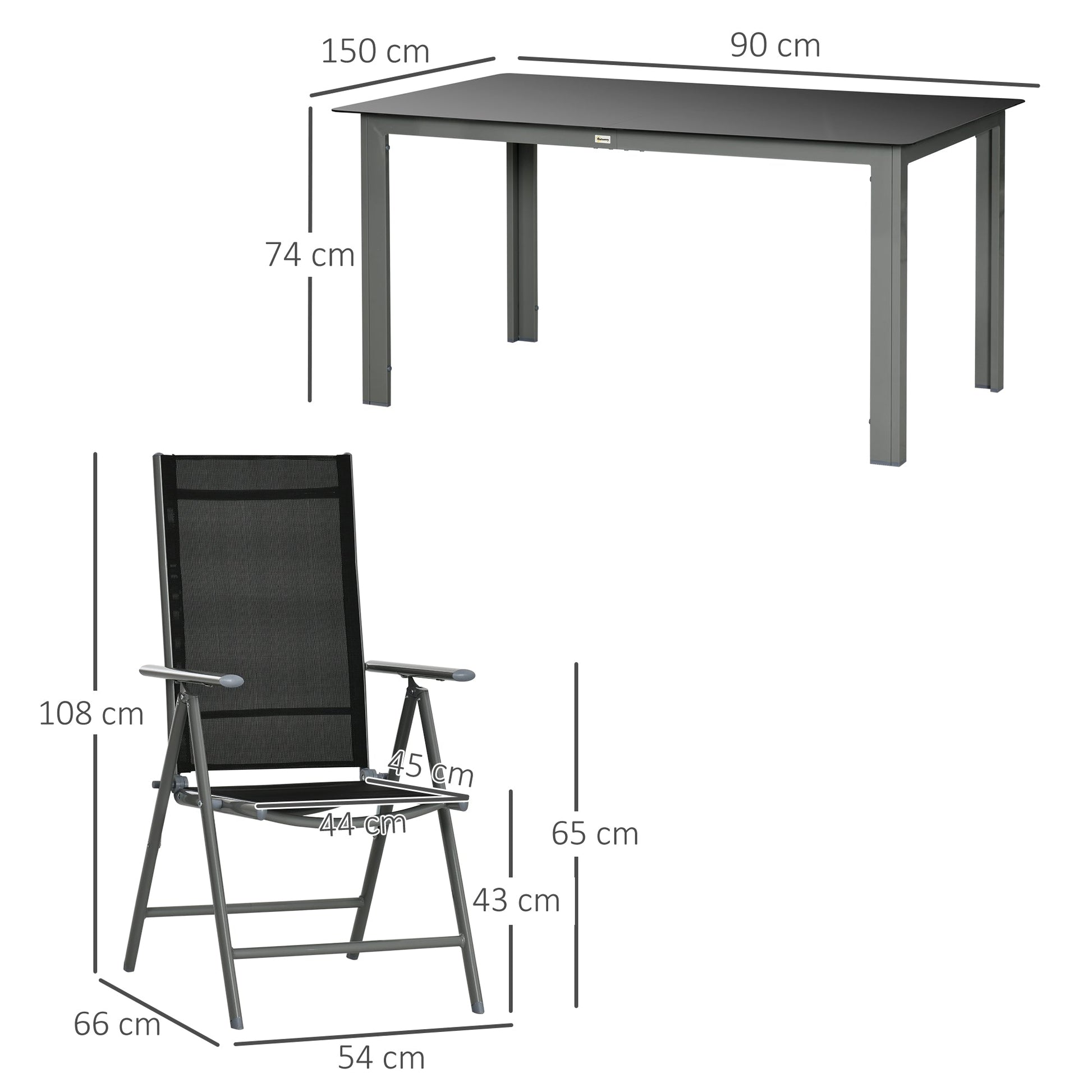 7 Piece Garden Dining Set, Outdoor Table and 6 Folding and Reclining Chairs, Aluminium Frame, Tempered Glass Top Table, Texteline Seats, Black