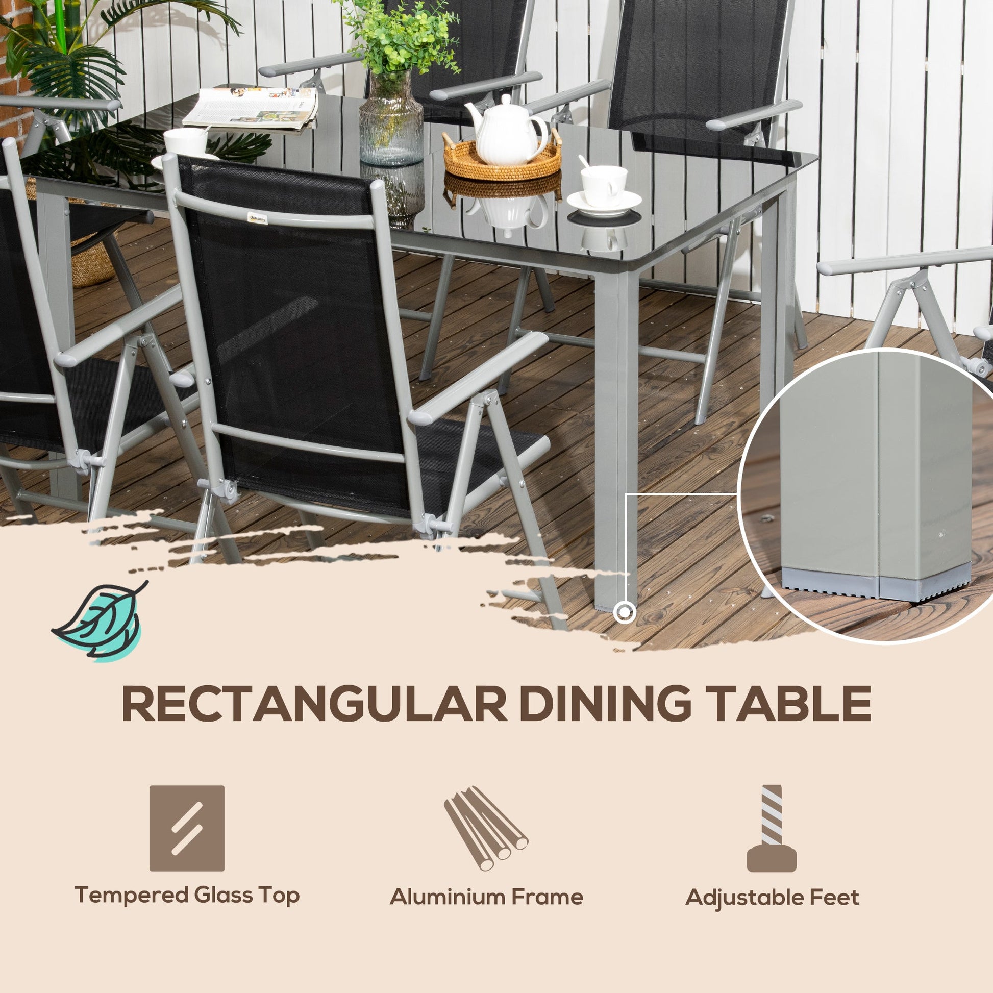 7 Piece Garden Dining Set, Outdoor Table and 6 Folding and Reclining Chairs, Aluminium Frame, Tempered Glass Top Table, Texteline Seats, Black