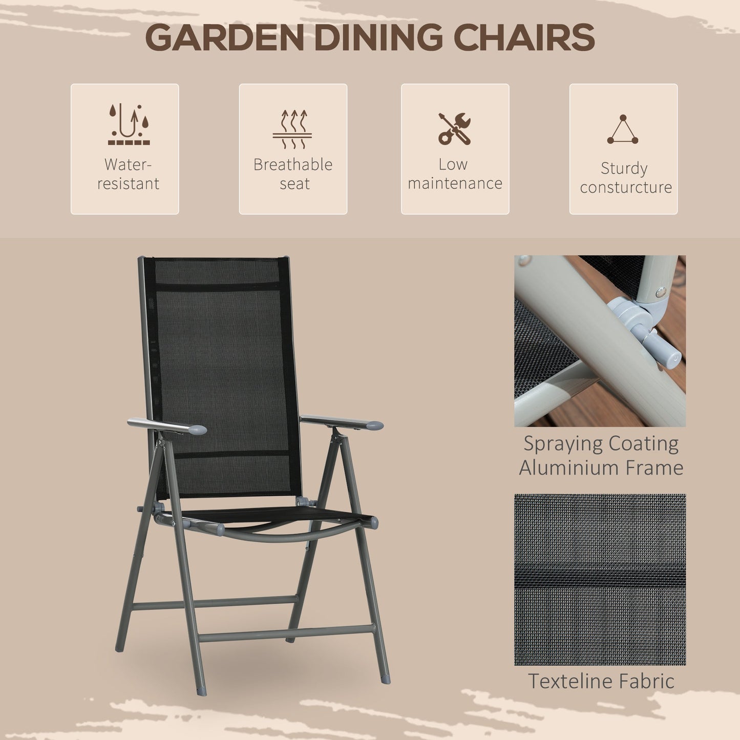 7 Piece Garden Dining Set, Outdoor Table and 6 Folding and Reclining Chairs, Aluminium Frame, Tempered Glass Top Table, Texteline Seats, Black