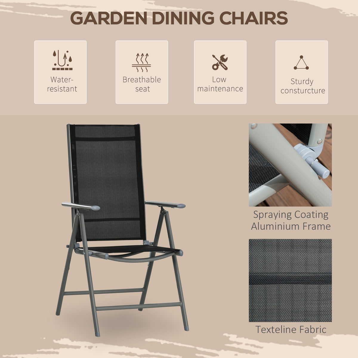 7 Piece Garden Dining Set, Outdoor Table and 6 Folding and Reclining Chairs, Aluminium Frame, Tempered Glass Top Table, Texteline Seats, Black