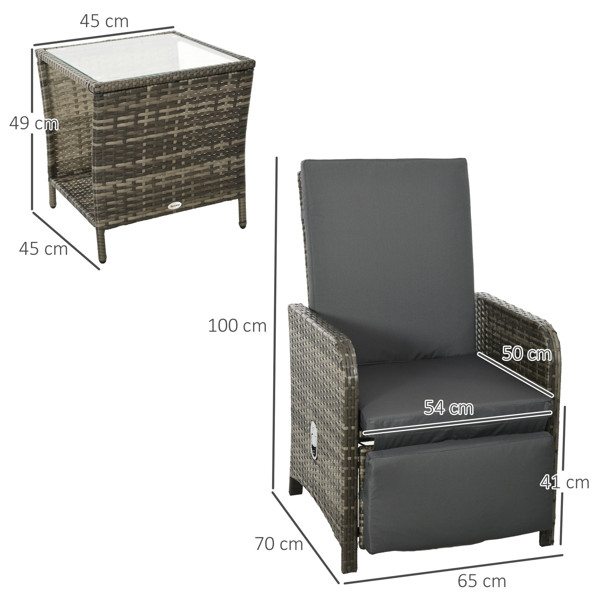 3 Pieces Garden Rattan Bistro Set with Adjustable Backrest, Balcony Conversation Furniture Set with 2 Armchairs Tempered Glass Coffee Table, Cushions, Storage Function - Mix-Grey