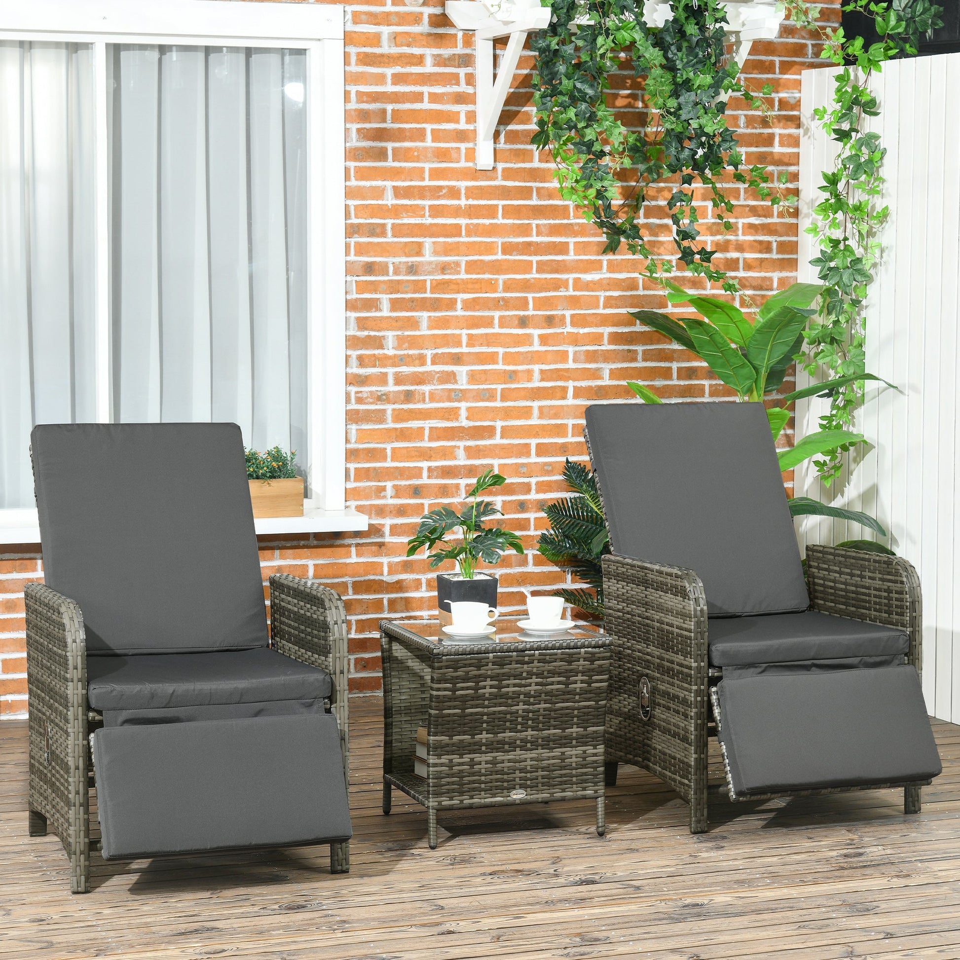 3 Pieces Garden Rattan Bistro Set with Adjustable Backrest, Balcony Conversation Furniture Set with 2 Armchairs Tempered Glass Coffee Table, Cushions, Storage Function - Mix-Grey