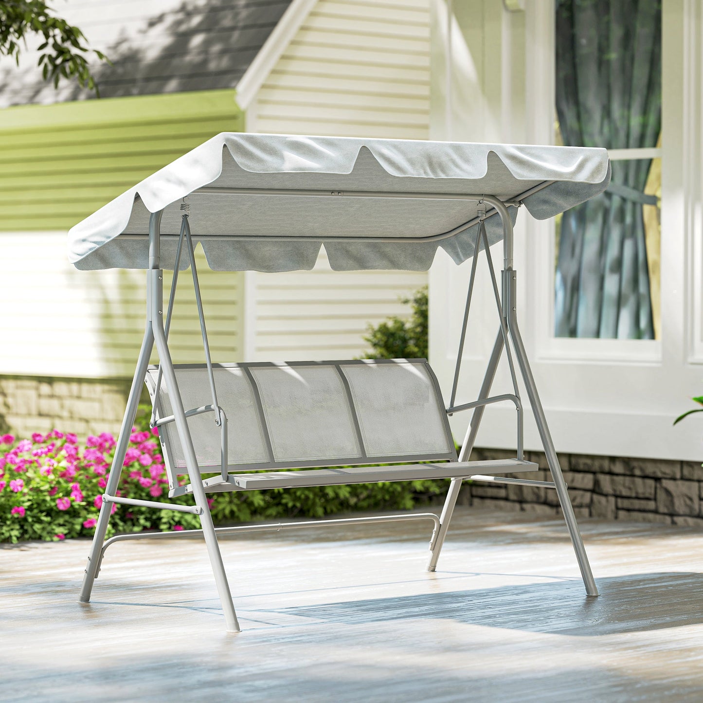 3 Seater Swing Chair, Garden Swing Bench with Adjustable Tilting Canopy, Breathable Mesh Seat and Heavy Duty Metal Frame for Patio, Yard, Light Grey