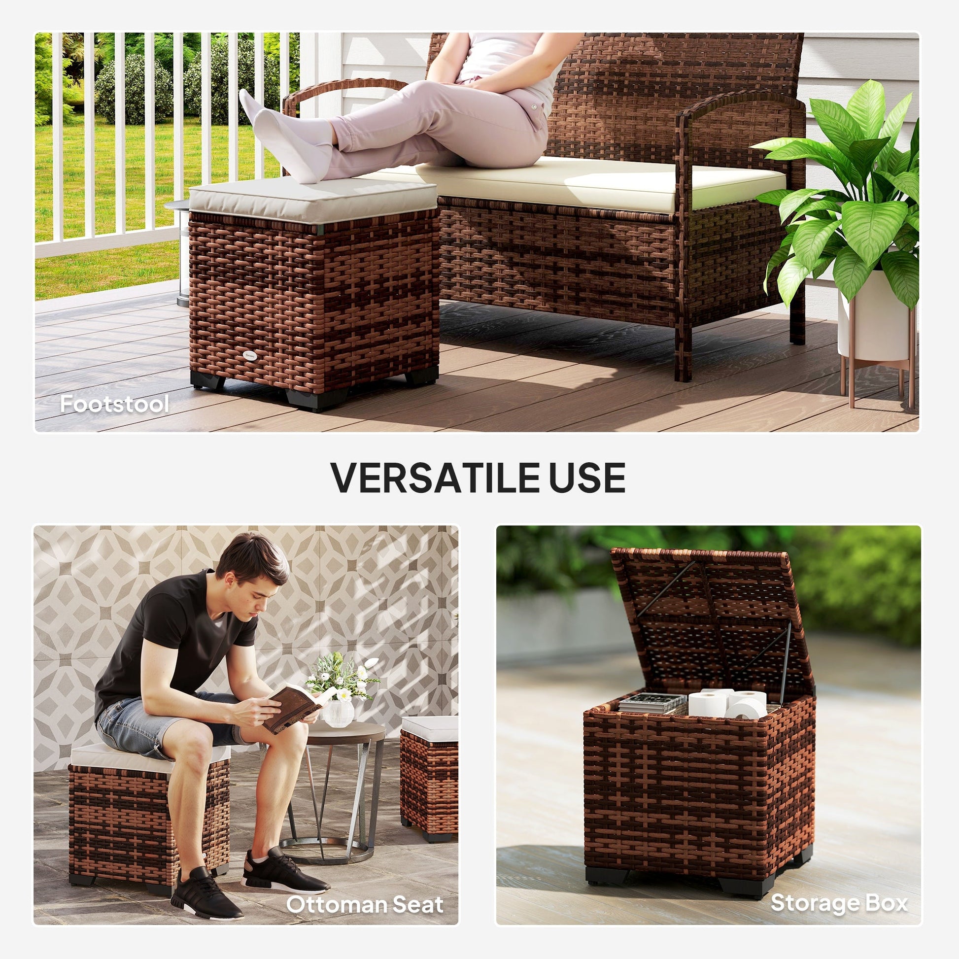 Set of 2 Rattan Storage Ottoman, Outdoor Footstool with Removable Cushions, Garden Storage Seat for Balcony, Poolside, Living Room, Beige