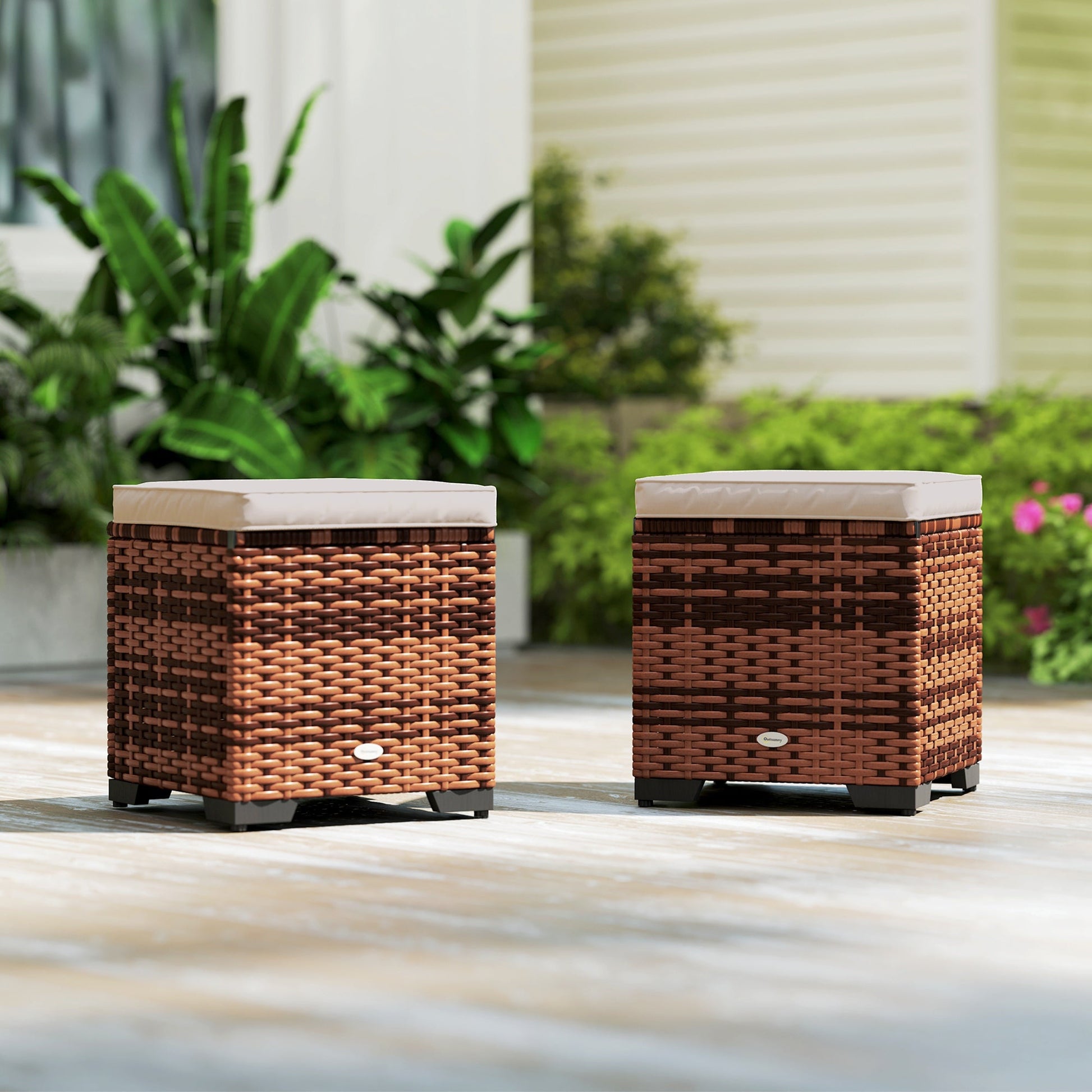 Set of 2 Rattan Storage Ottoman, Outdoor Footstool with Removable Cushions, Garden Storage Seat for Balcony, Poolside, Living Room, Beige
