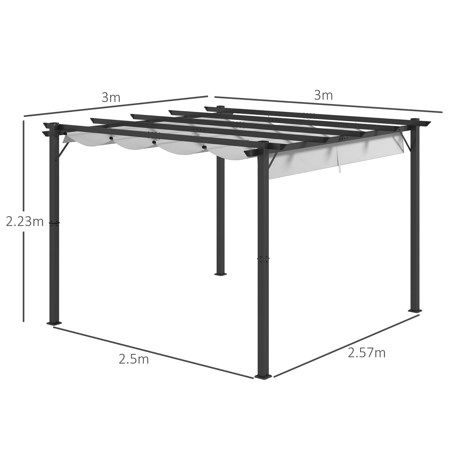 3 x 3(m) Pergola with Retractable Roof Canopy, Aluminium Frame Garden Gazebo Outdoor Sun Shade Shelter for Grill, Patio, Light Grey